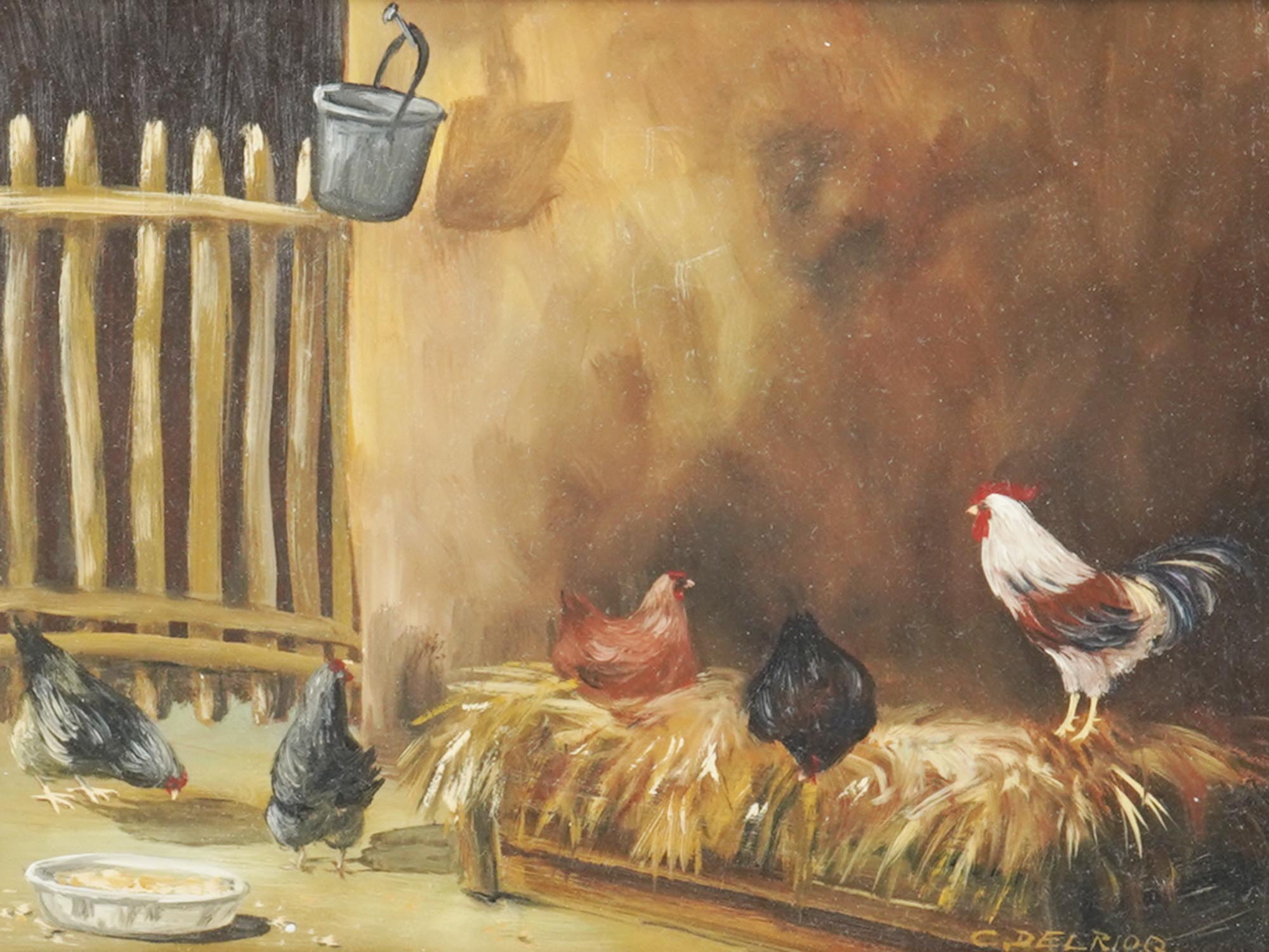 MIDCENT OIL PAINTING CHICKEN COOP BY C. DEL RIO Q PIC-1
