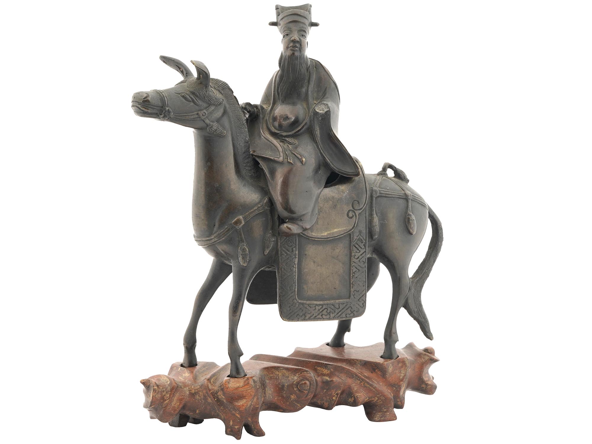 ANTIQUE CHINESE MING BRONZE FIGURINE ON HORSEBACK PIC-0