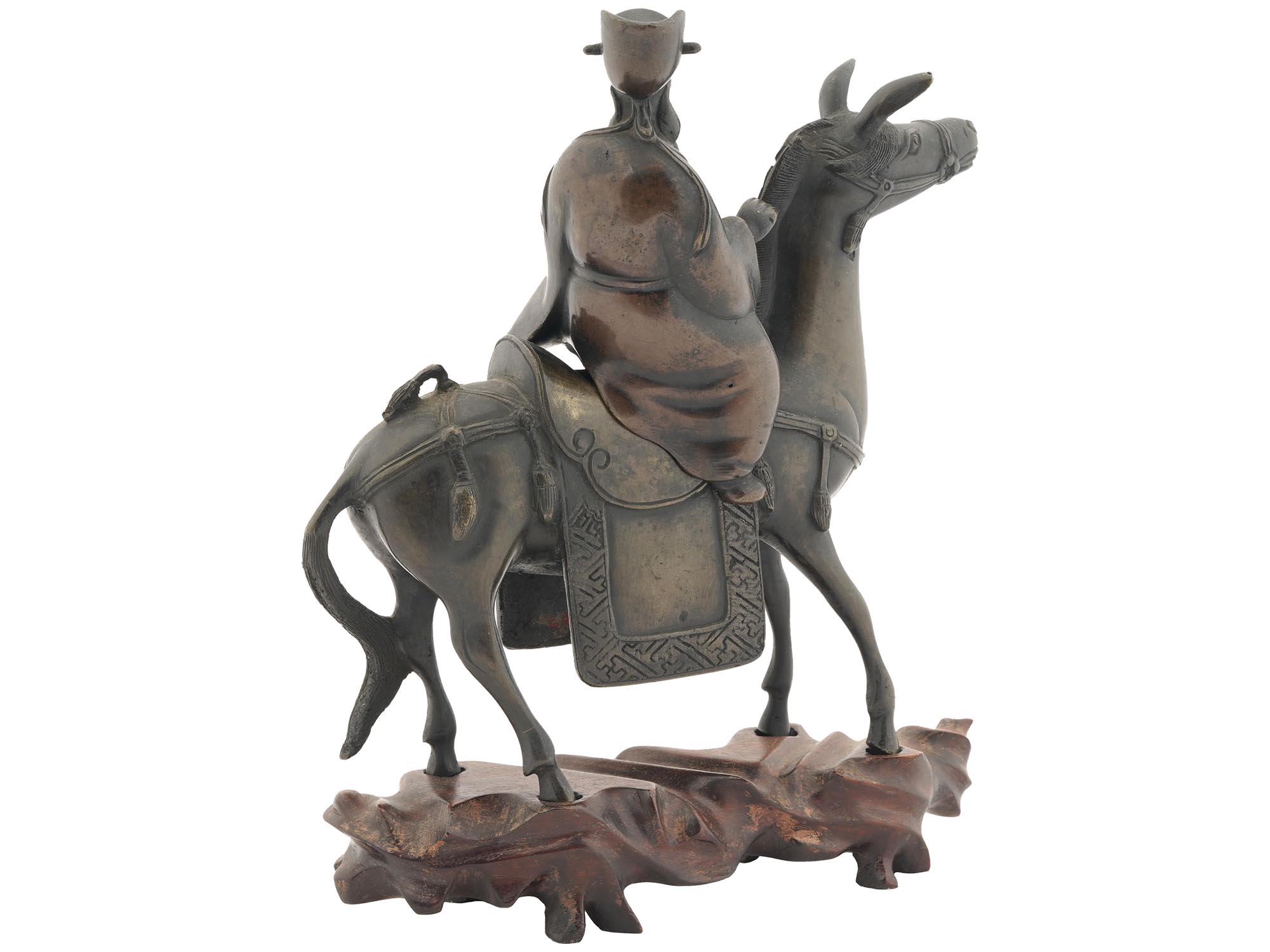 ANTIQUE CHINESE MING BRONZE FIGURINE ON HORSEBACK PIC-1