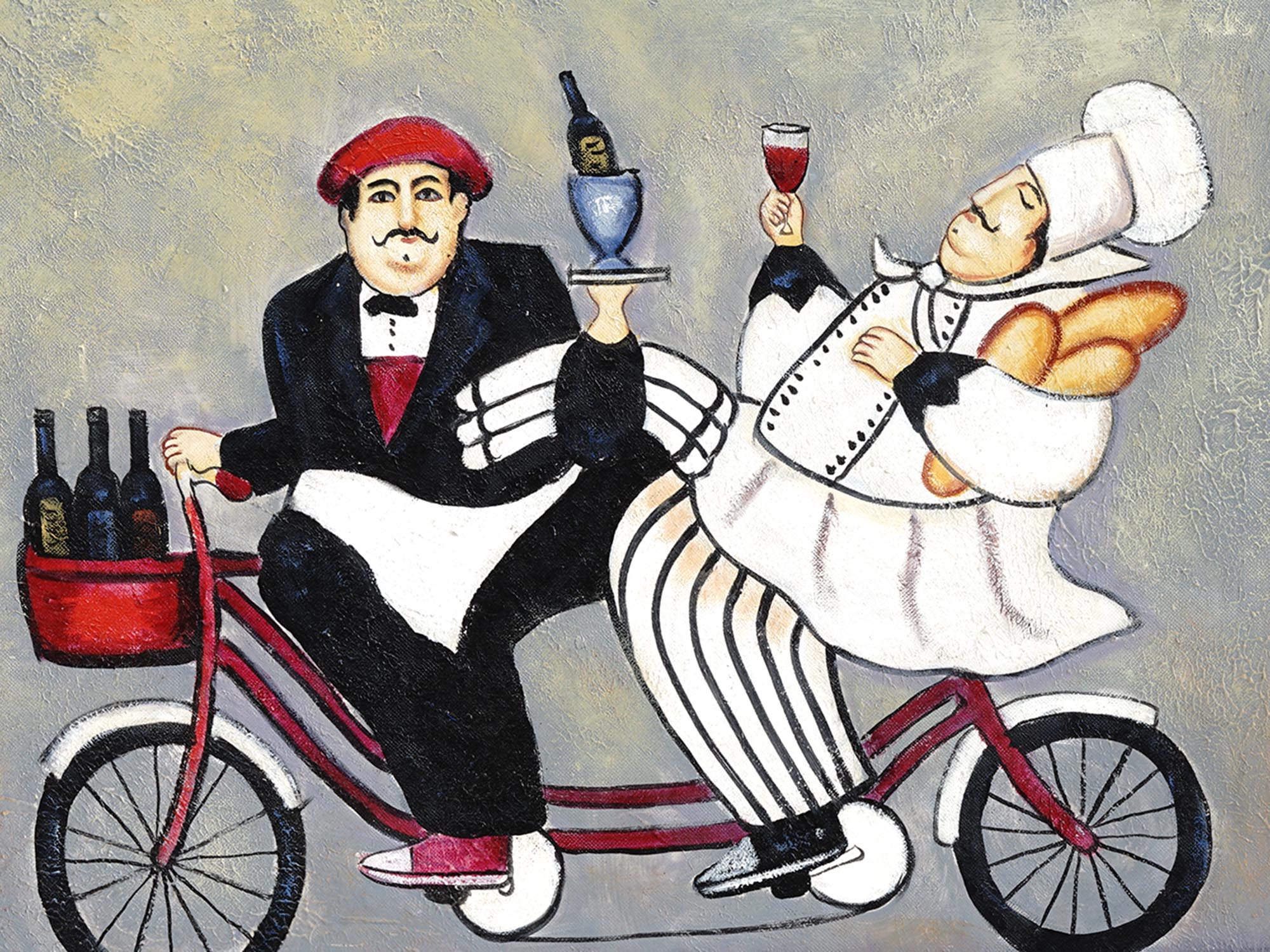 FRENCH CHEF ON A BICYCLE SIGNED OIL PAINTING PIC-1