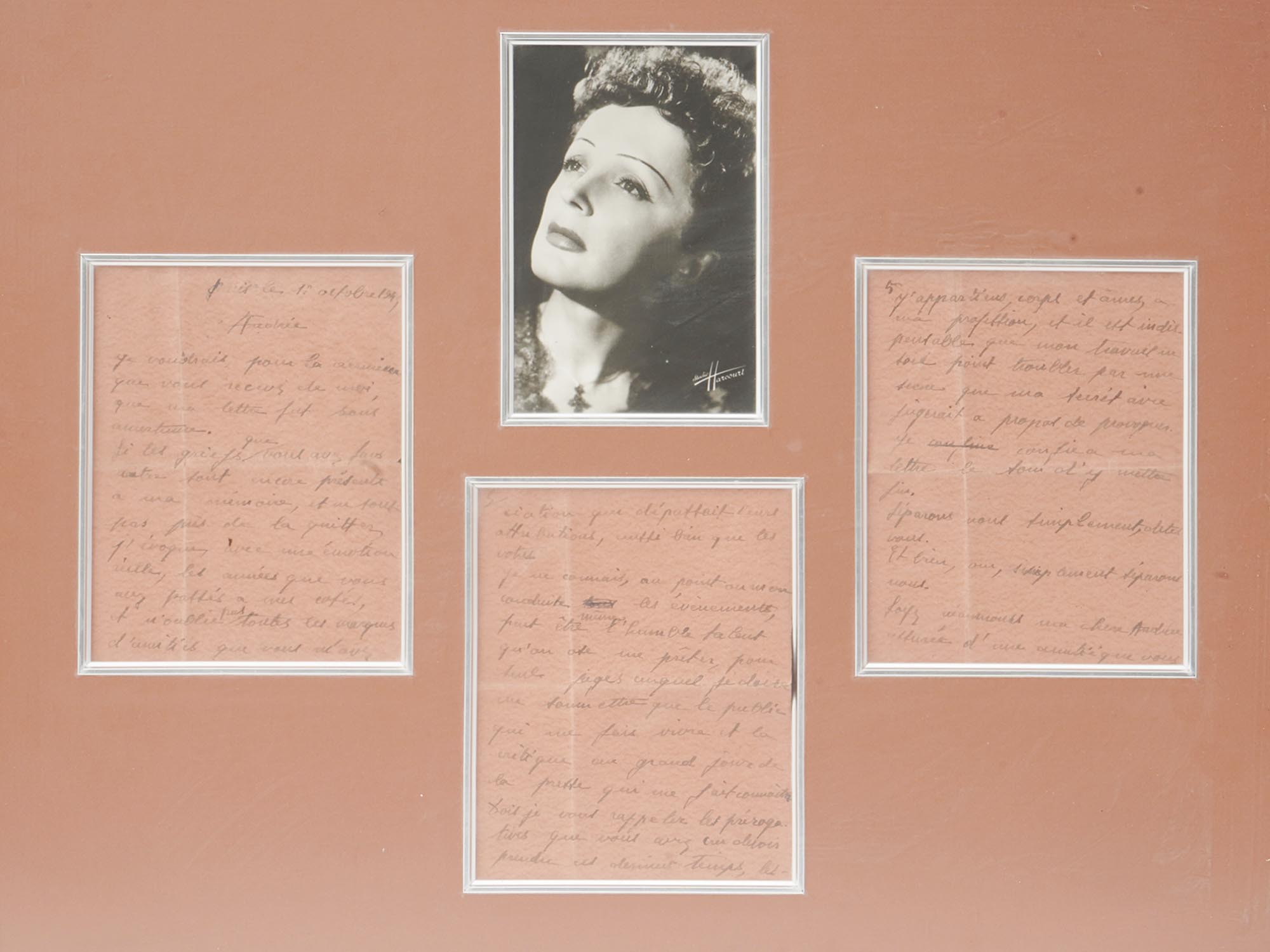 EDITH PIAF FRAMED PHOTO AND HAND WRITTEN LETTERS PIC-1