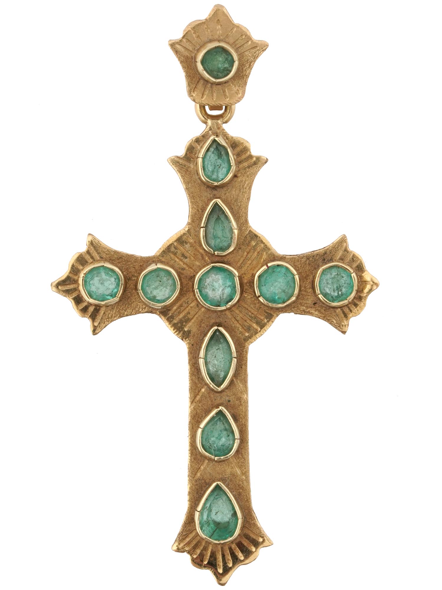 VINTAGE 18K GOLD EMERALD CATHOLIC CROSS PENDANT PIC-0