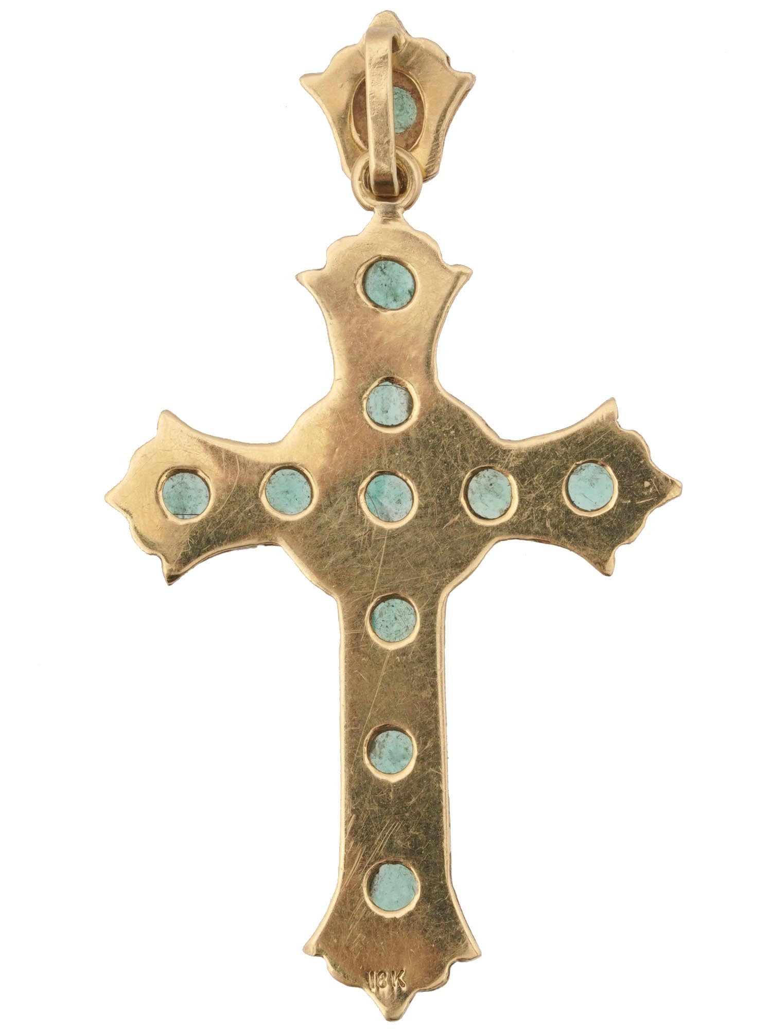 VINTAGE 18K GOLD EMERALD CATHOLIC CROSS PENDANT PIC-1