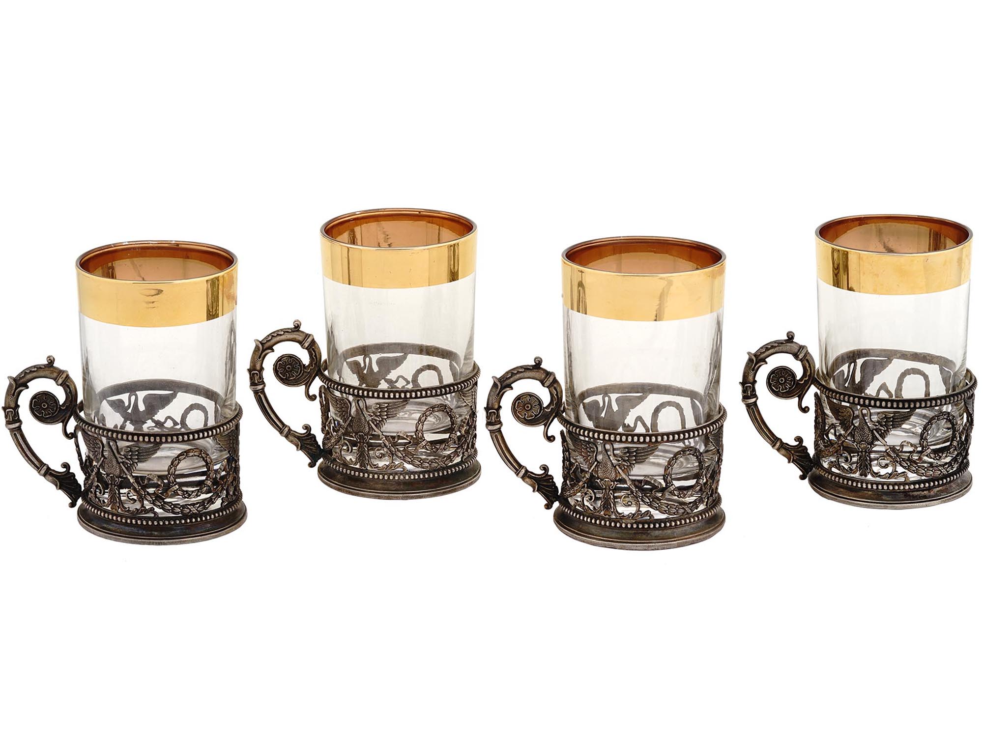 RUSSIAN FABERGE SILVER TEA HOLDERS WITH GLASSES PIC-0