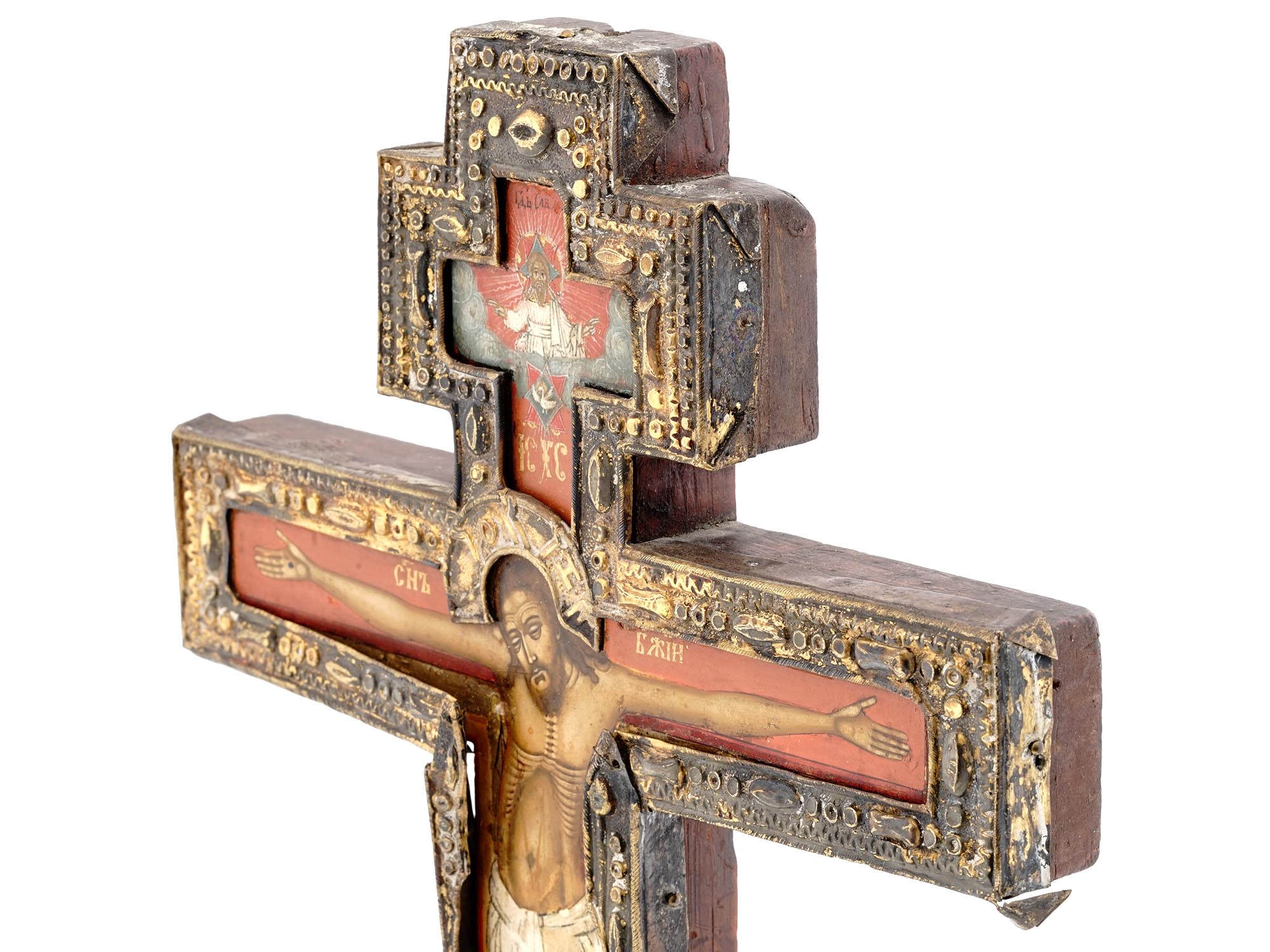 ANTIQUE RUSSIAN ORTHODOX WOOD CROSS IN GILT RIZA PIC-3