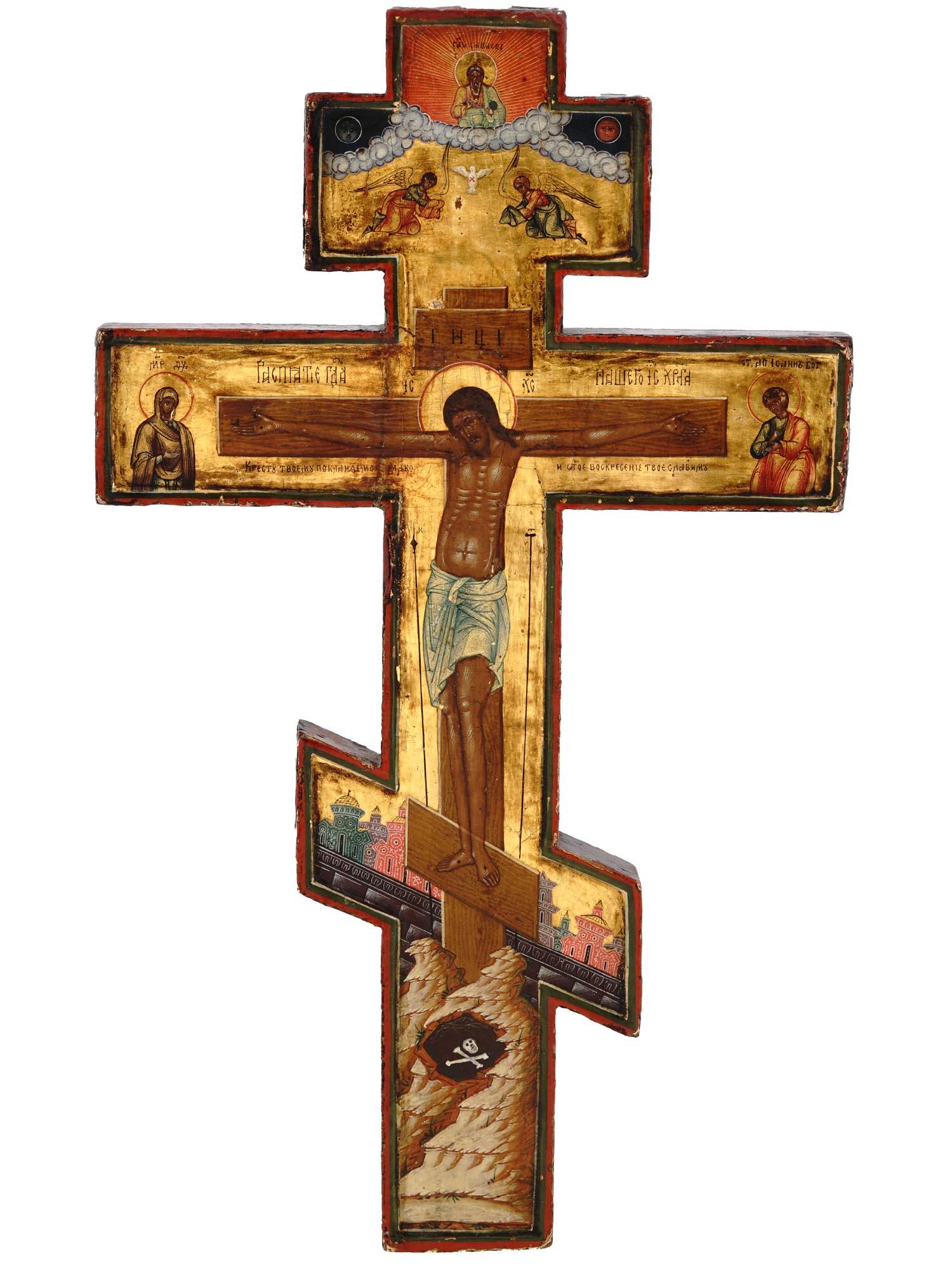 ANTIQUE RUSSIAN ORTHODOX HAND PAINTED WOOD CROSS PIC-1