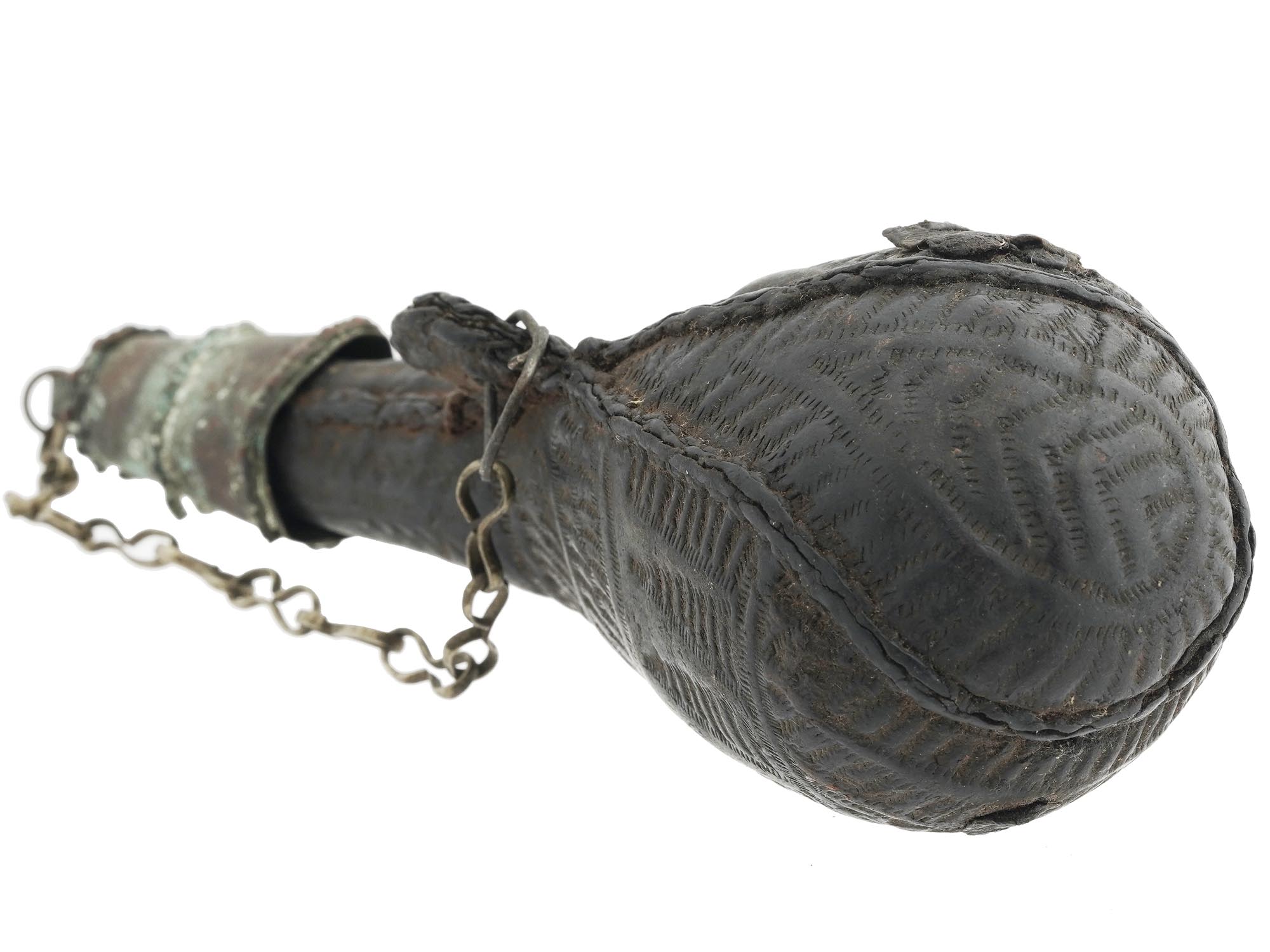 ANTIQUE PERSIAN CAMEL SCROTUM GUNPOWDER FLASK PIC-2