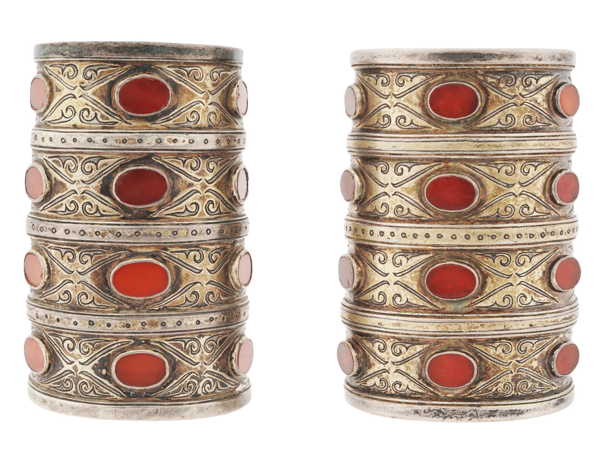 ANTIQUE TURKMEN SILVER CARNELIAN CUFF BRACELETS PIC-1