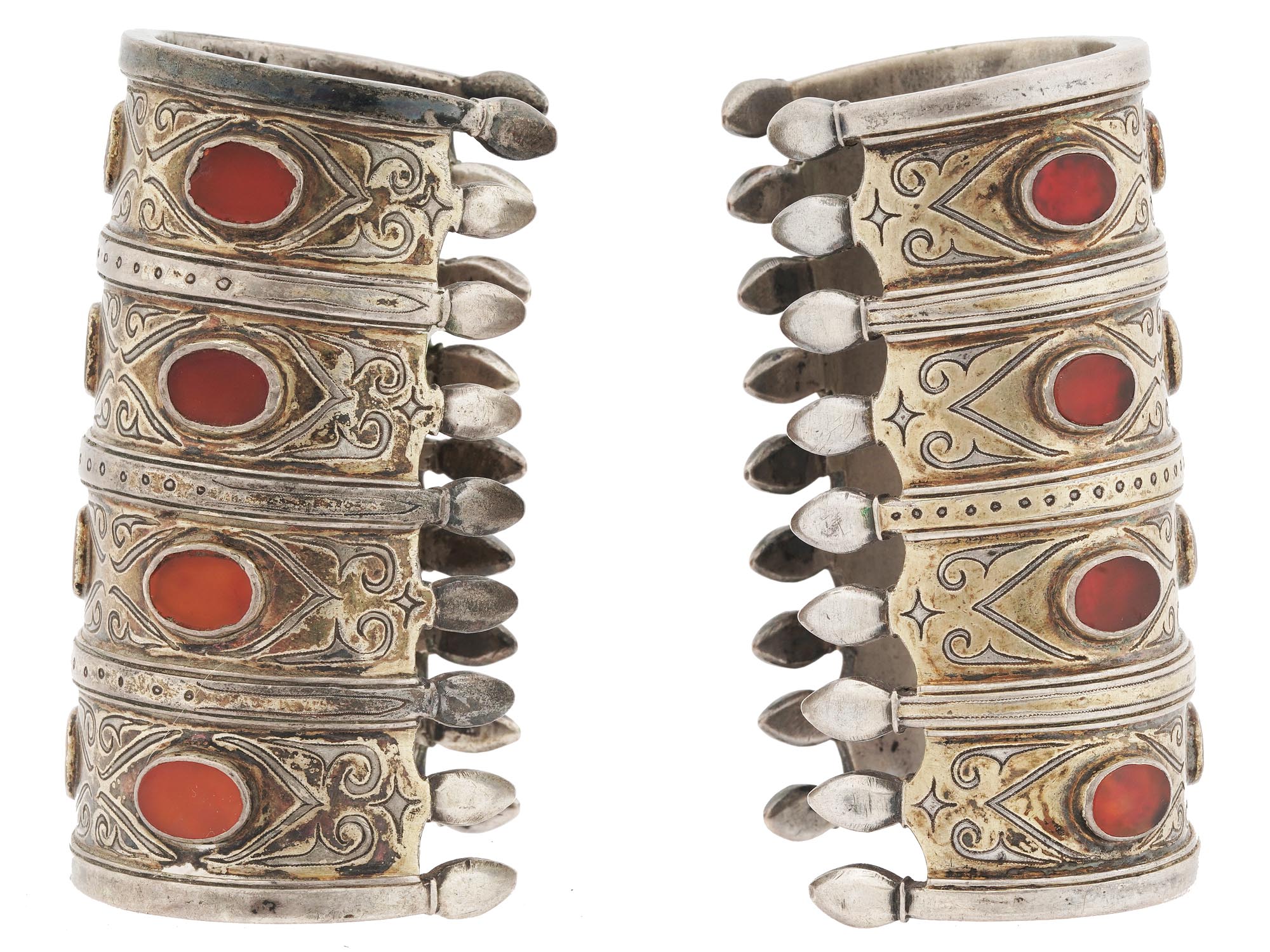 ANTIQUE TURKMEN SILVER CARNELIAN CUFF BRACELETS PIC-2