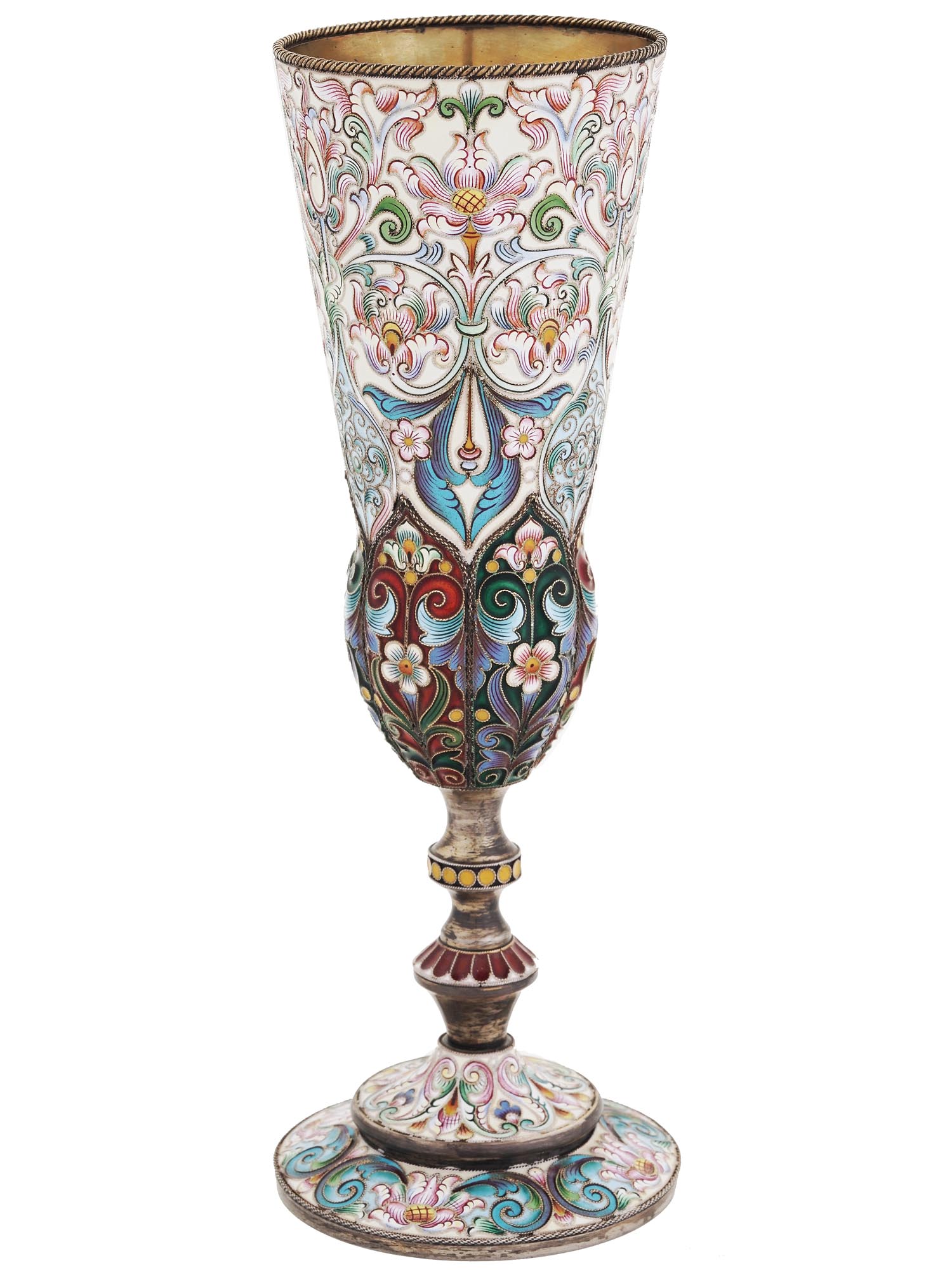 TALL RUSSIAN 88 SILVER CLOISONNE ENAMEL GOBLET PIC-2