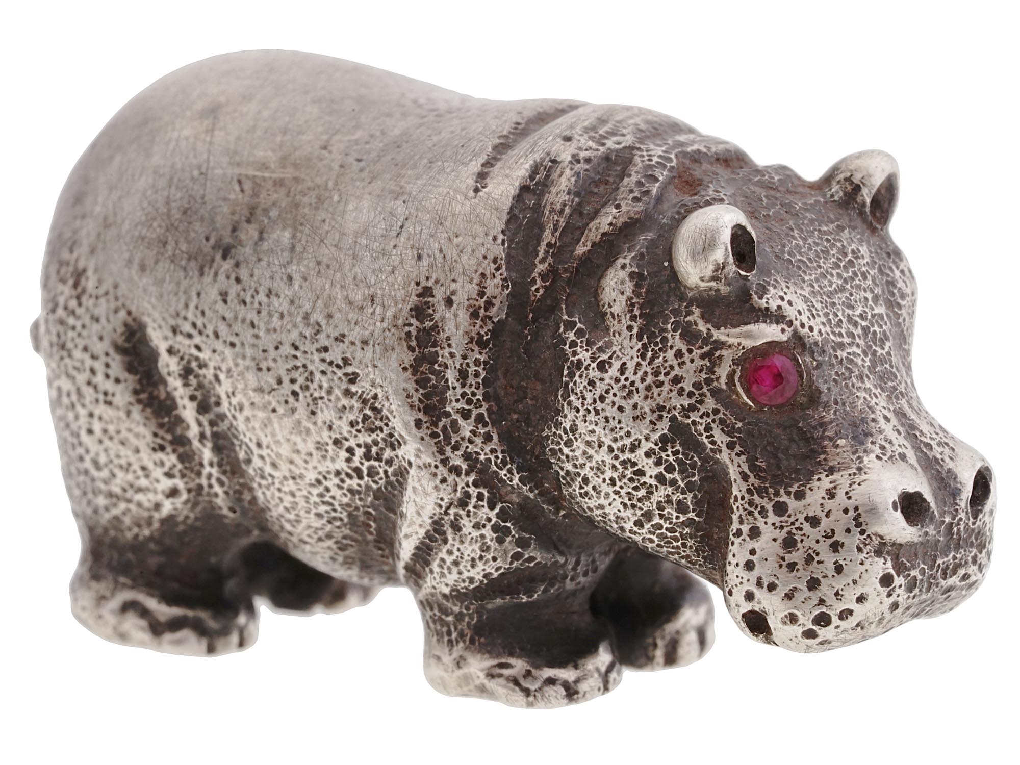RUSSIAN SILVER FIGURE OF HIPPO WITH GEMSTONE EYES PIC-0