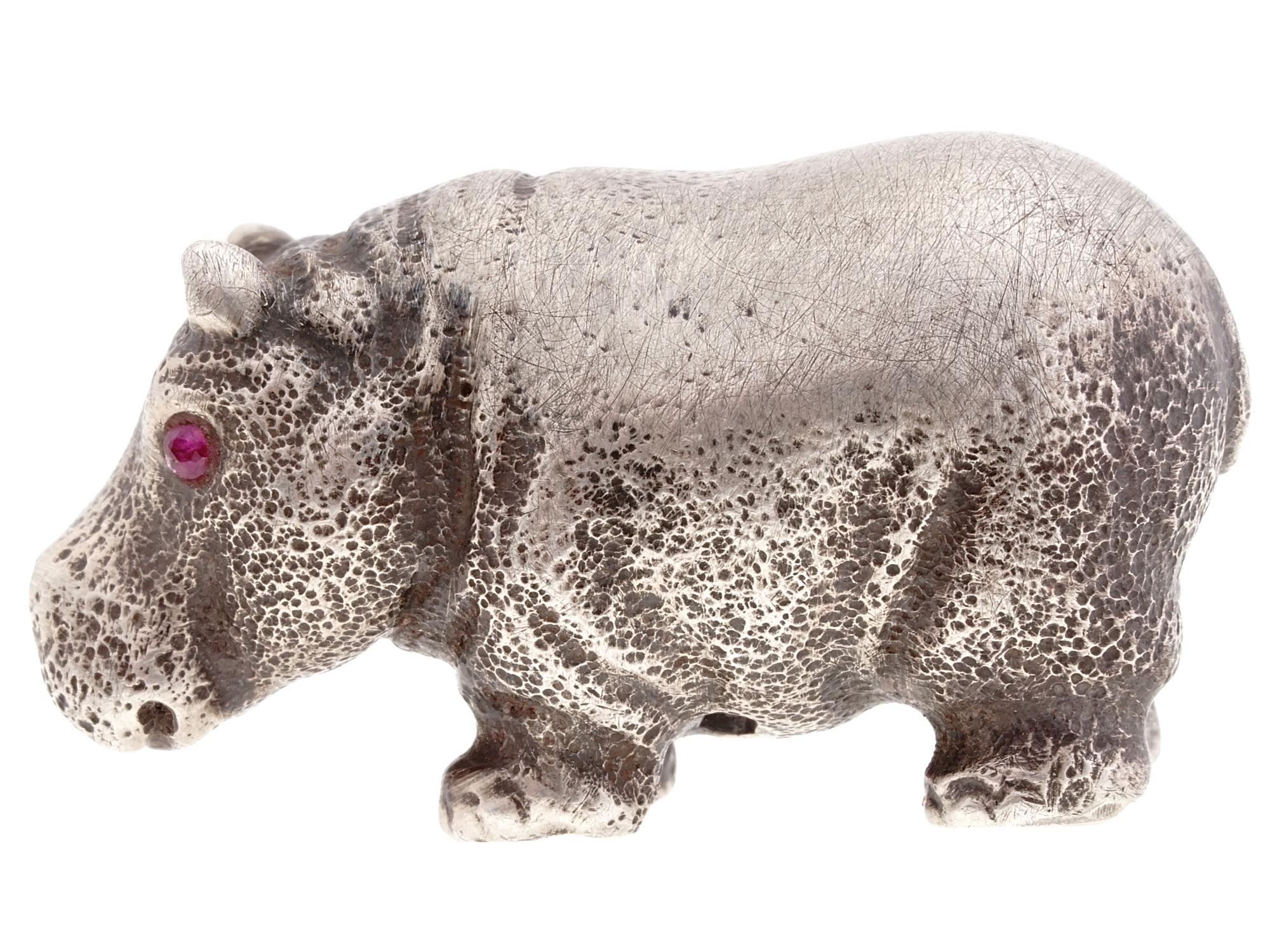 RUSSIAN SILVER FIGURE OF HIPPO WITH GEMSTONE EYES PIC-2