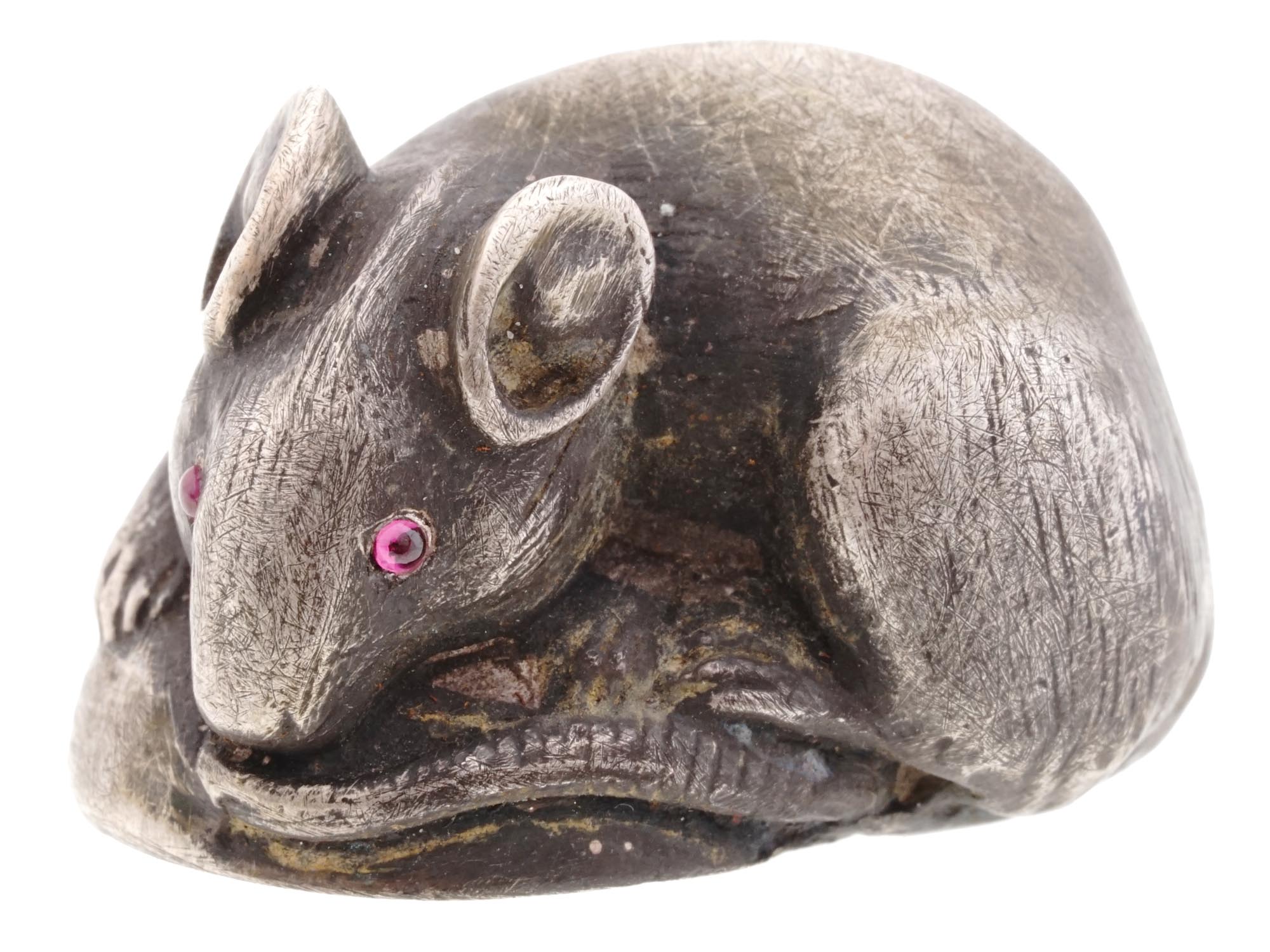 RUSSIAN SILVER FIGURE OF MOUSE WITH GEMSTONE EYES PIC-0