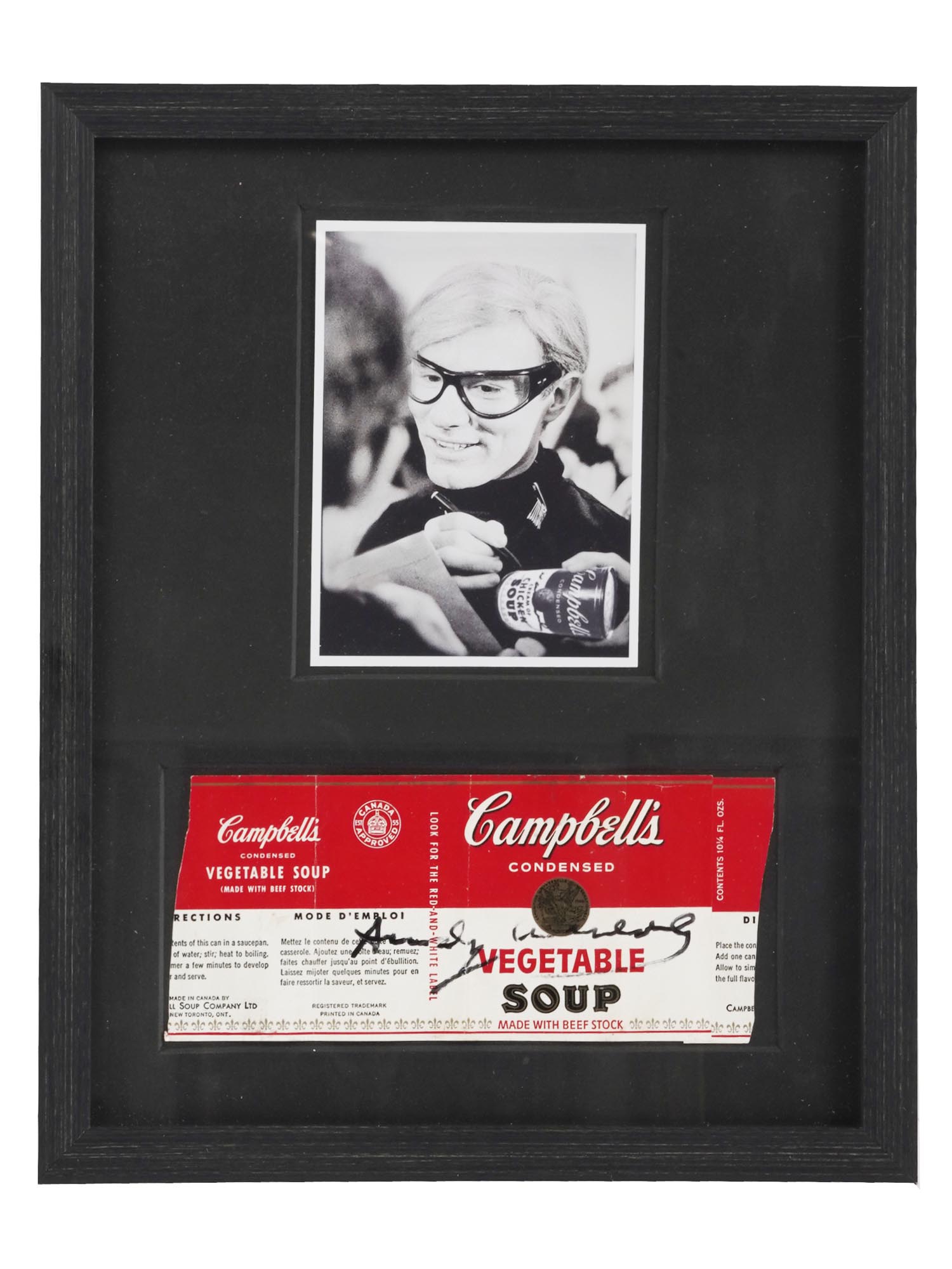 PHOTO OF ANDY WARHOL W SIGNED CAMPBELLS SOUP LABEL PIC-0