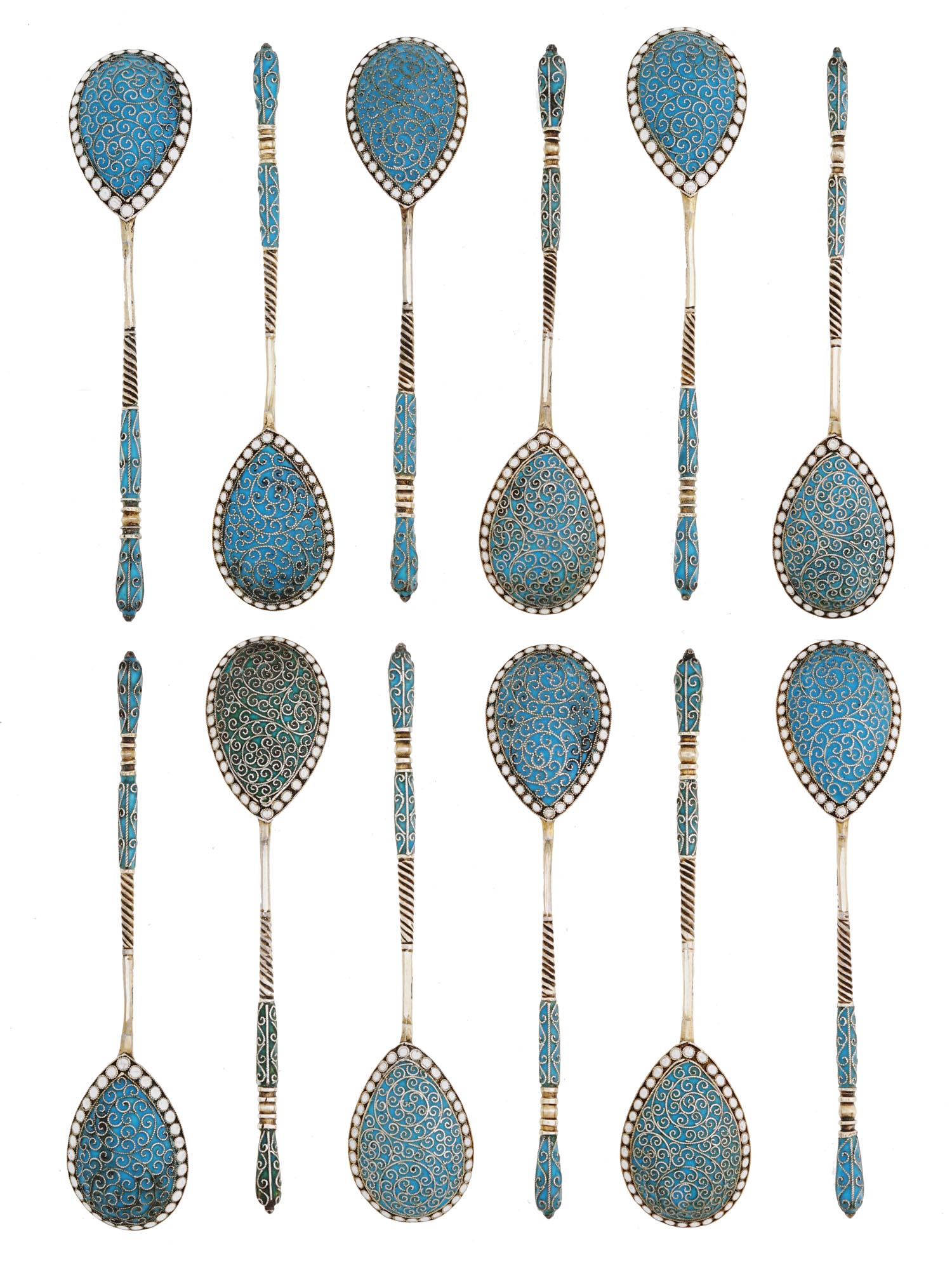 RUSSIAN SET OF SILVER GILT AND ENAMEL SPOONS IOB PIC-1