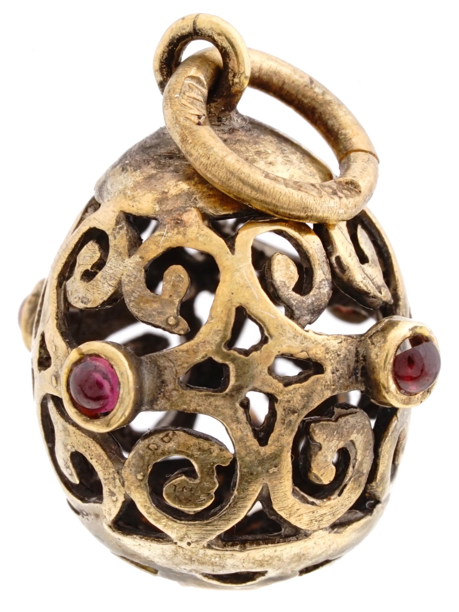 RUSSIAN SILVER GILT OPENWORK EGG PENDANT W. RUBY PIC-0