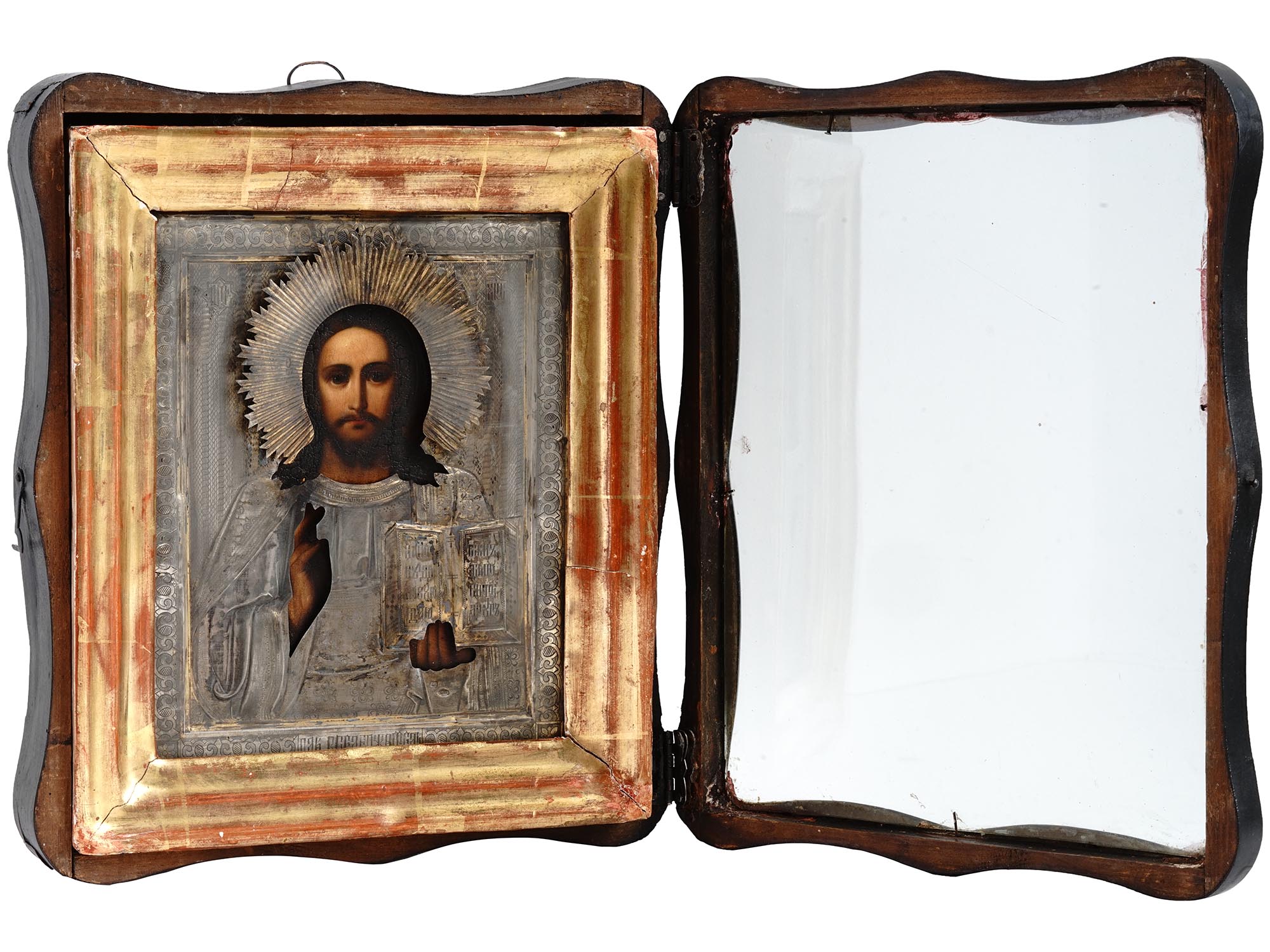 RUSSIAN CHRIST ICON IN SILVER RIZA AND KIOT FRAME PIC-1