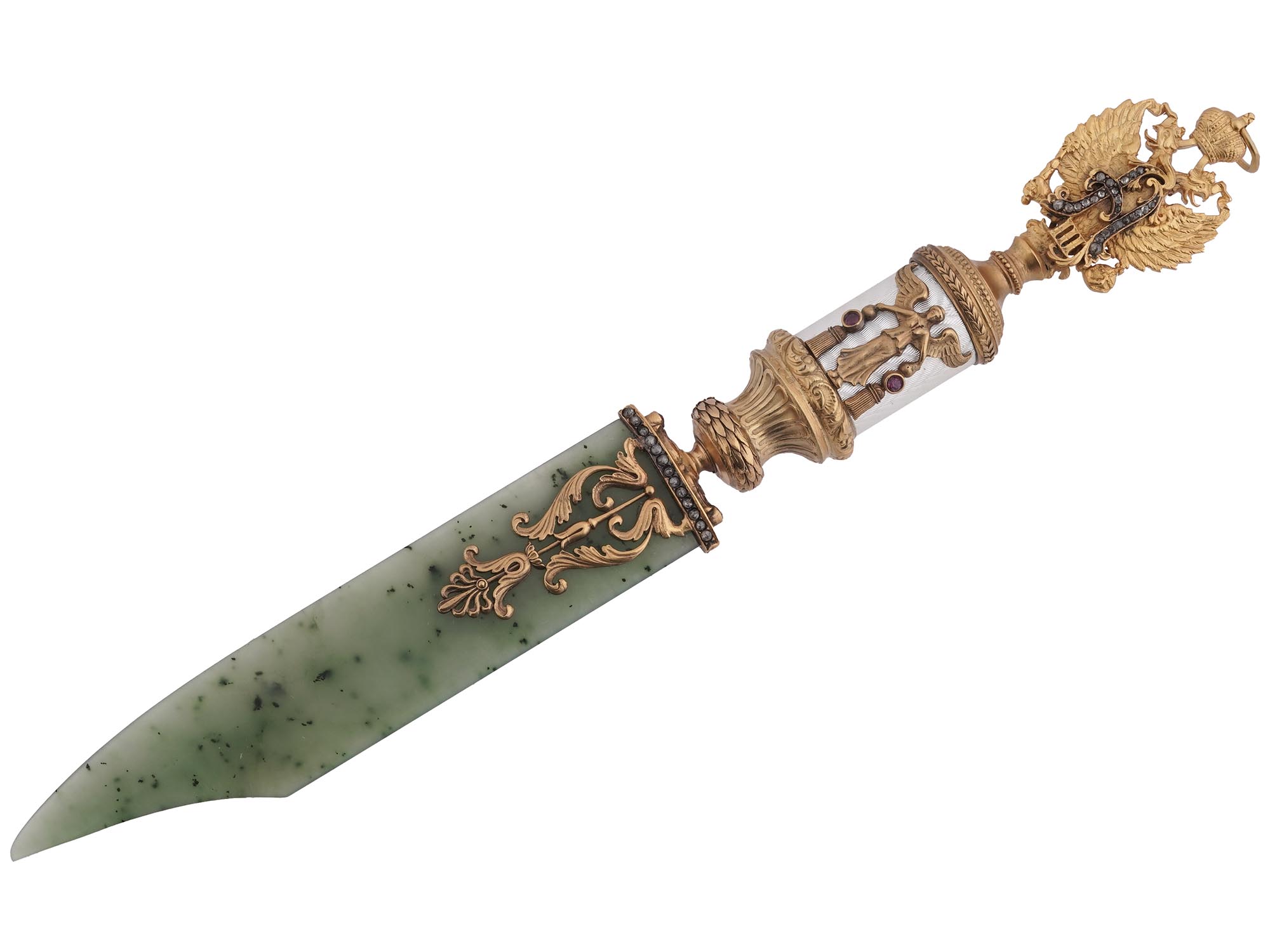 RUSSIAN SILVER JADE DIAMONDS LETTER OPENER KNIFE PIC-1