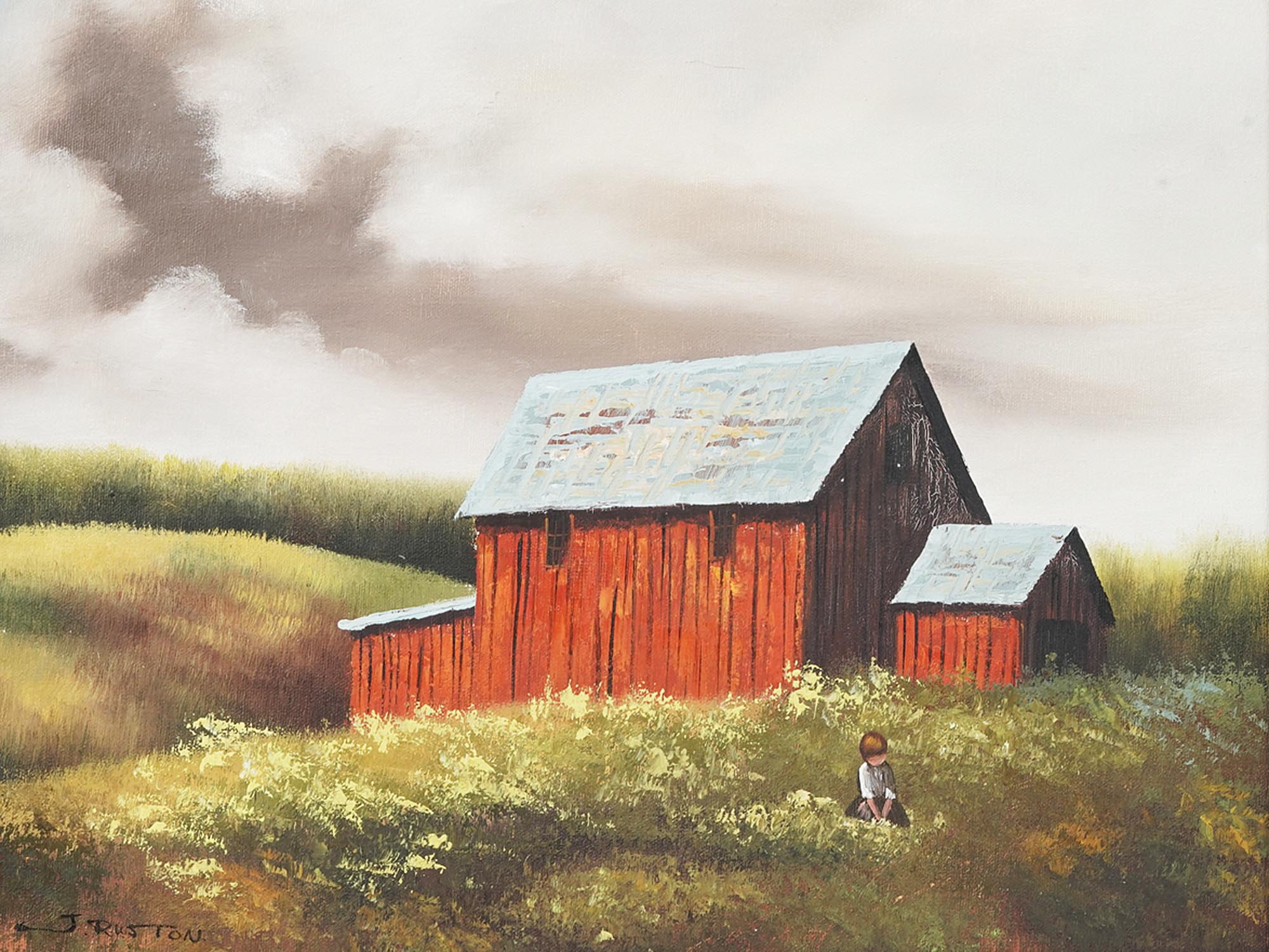 MID CENT OIL PAINTING OF RED BARN BY J. RUXTON PIC-1