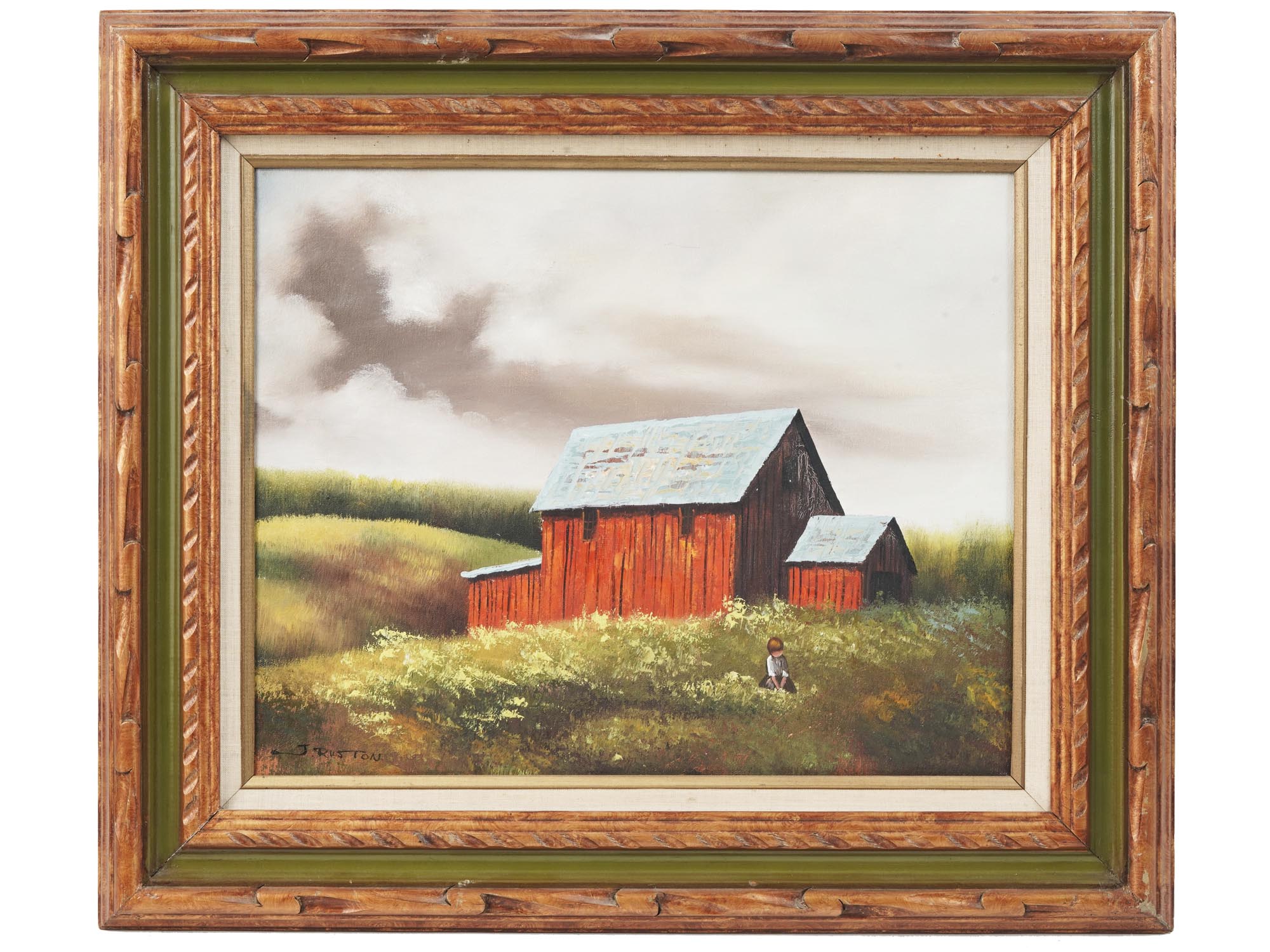 MID CENT OIL PAINTING OF RED BARN BY J. RUXTON PIC-0