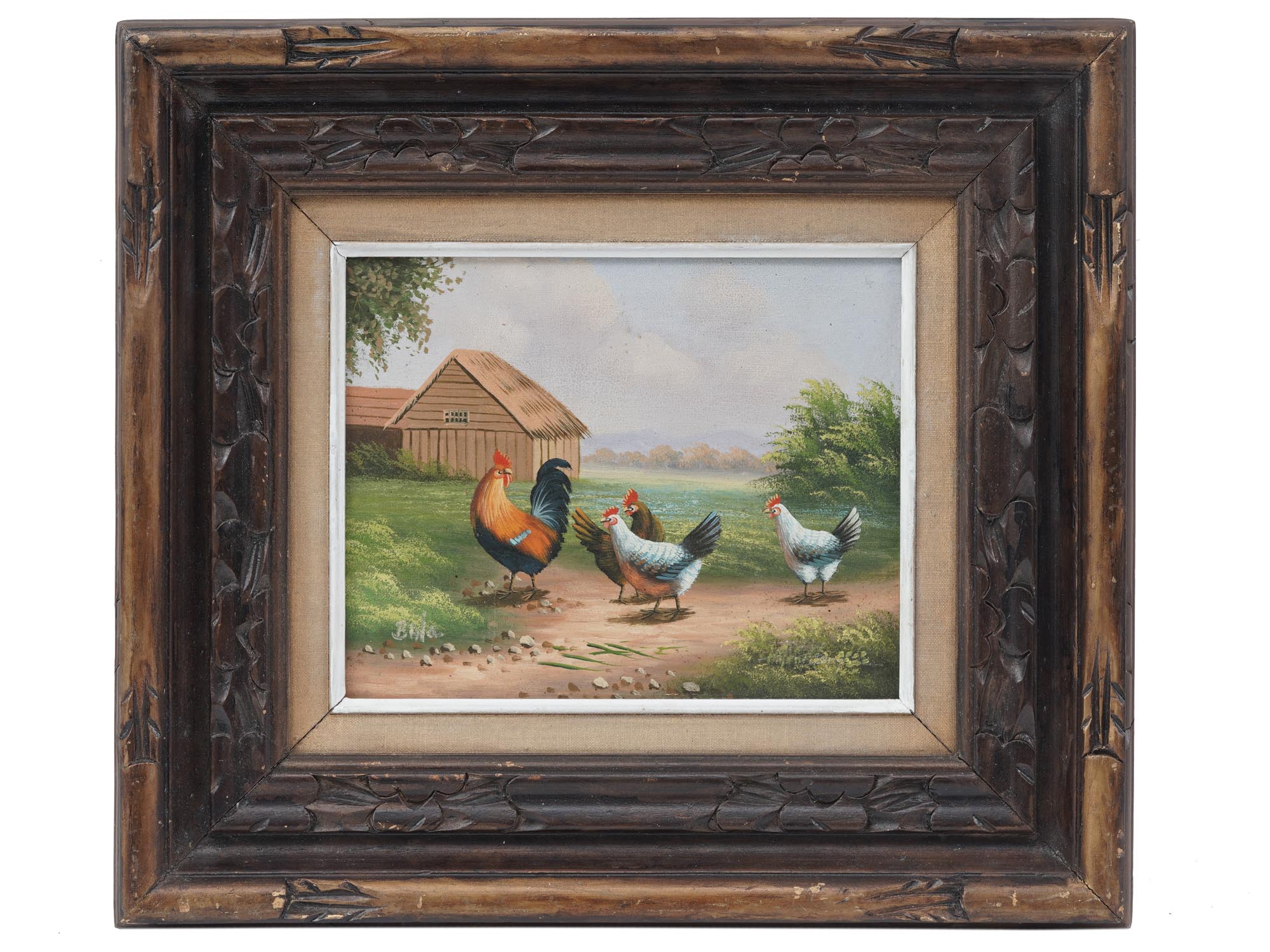 FRAMED VINTAGE OIL PAINTING OF CHICKENS BY BALE PIC-0