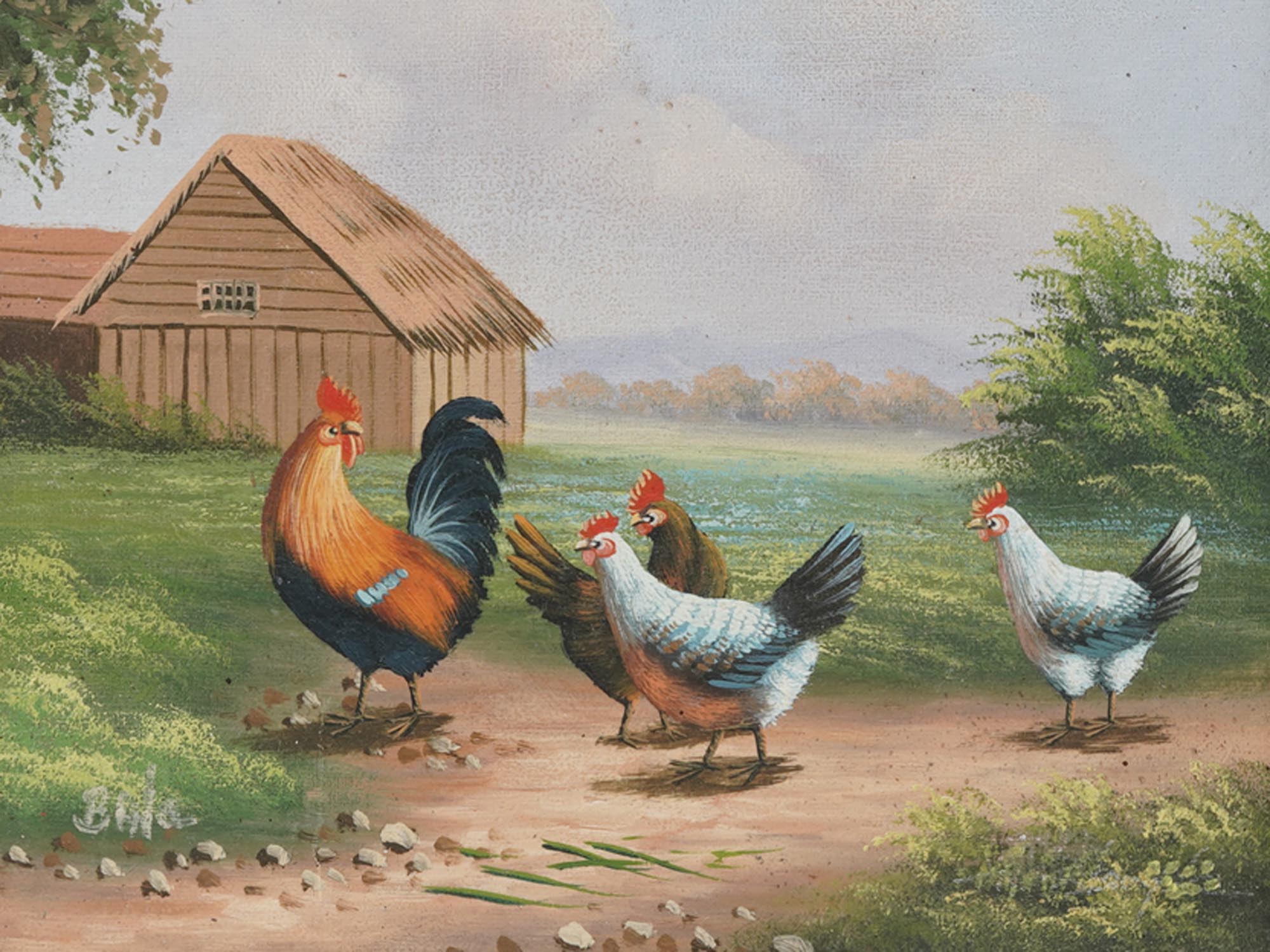 FRAMED VINTAGE OIL PAINTING OF CHICKENS BY BALE PIC-1