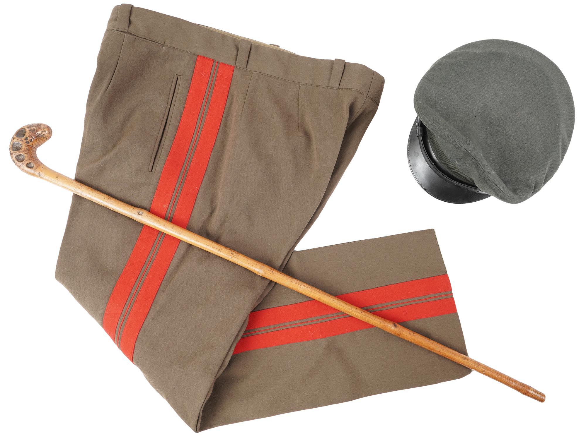 MILITARY ITEMS US CAP, SOVIET TROUSERS AND CANE PIC-0