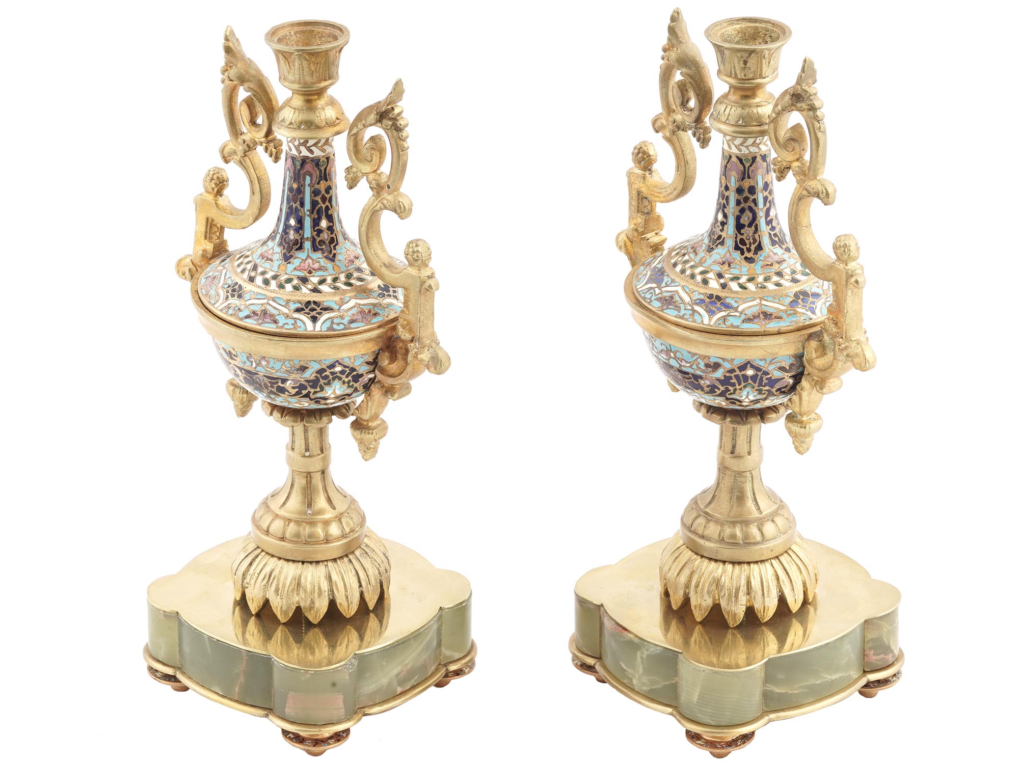 ANTIQUE ONYX CHAMPLEVE ENAMEL BRONZE CANDLESTICKS PIC-0