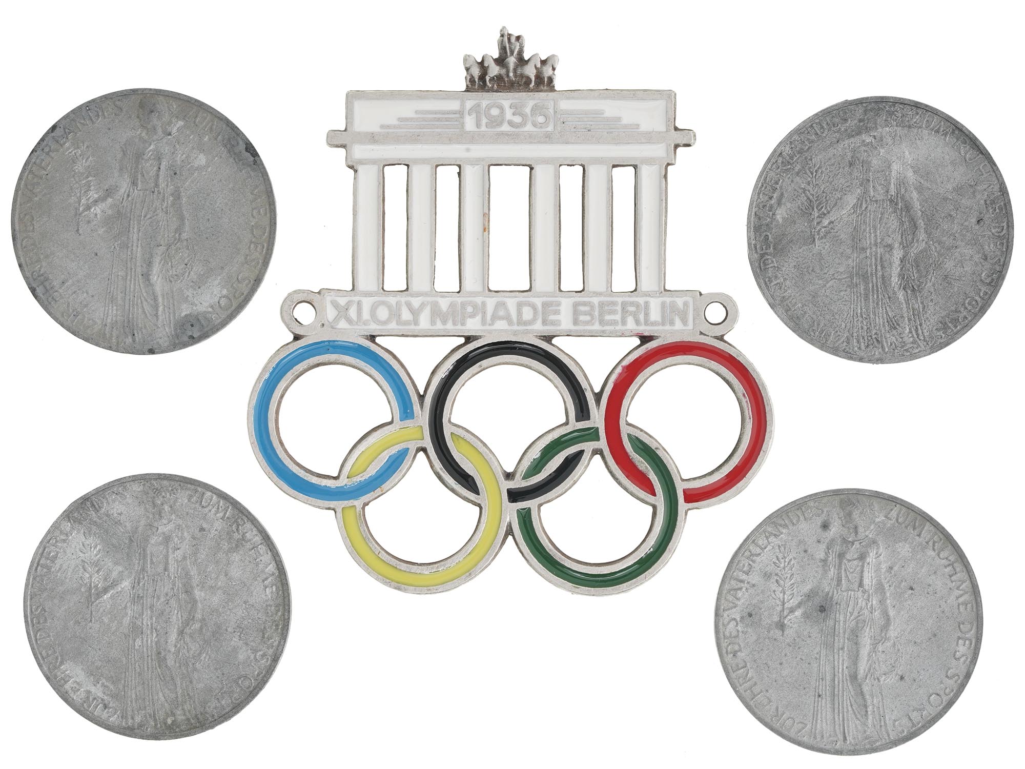 1936 BERLIN OLYMPIC GAMES CAR PLAQUE AND 4 COINS PIC-0