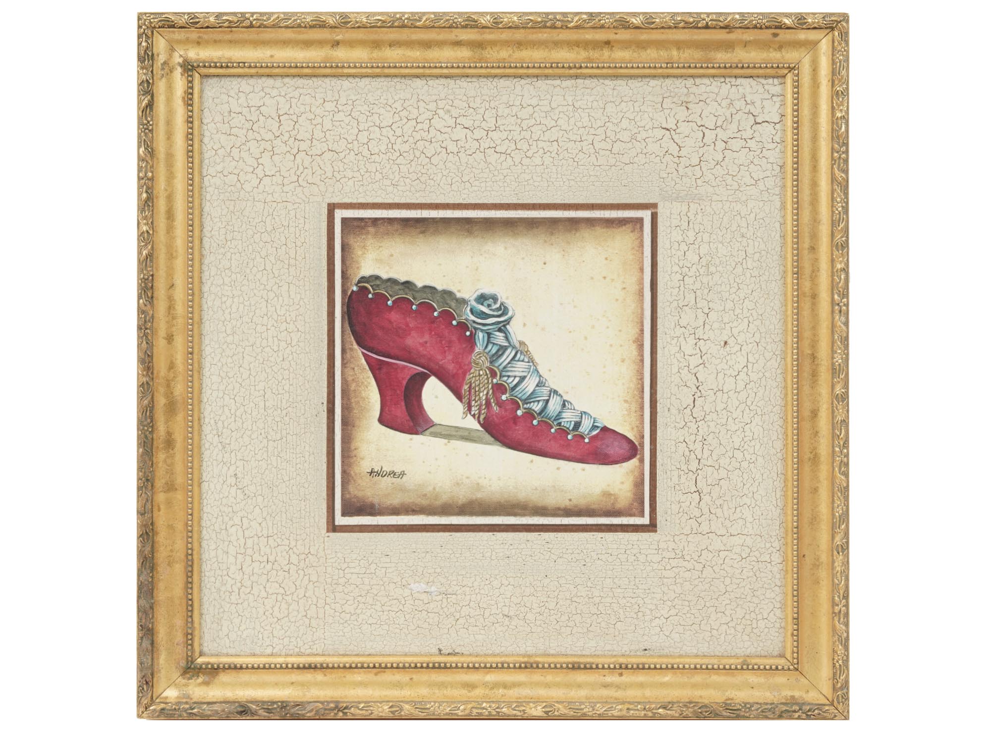 ANTIQUE VICTORIAN SHOE DESIGN OIL PAINTING SIGNED PIC-0