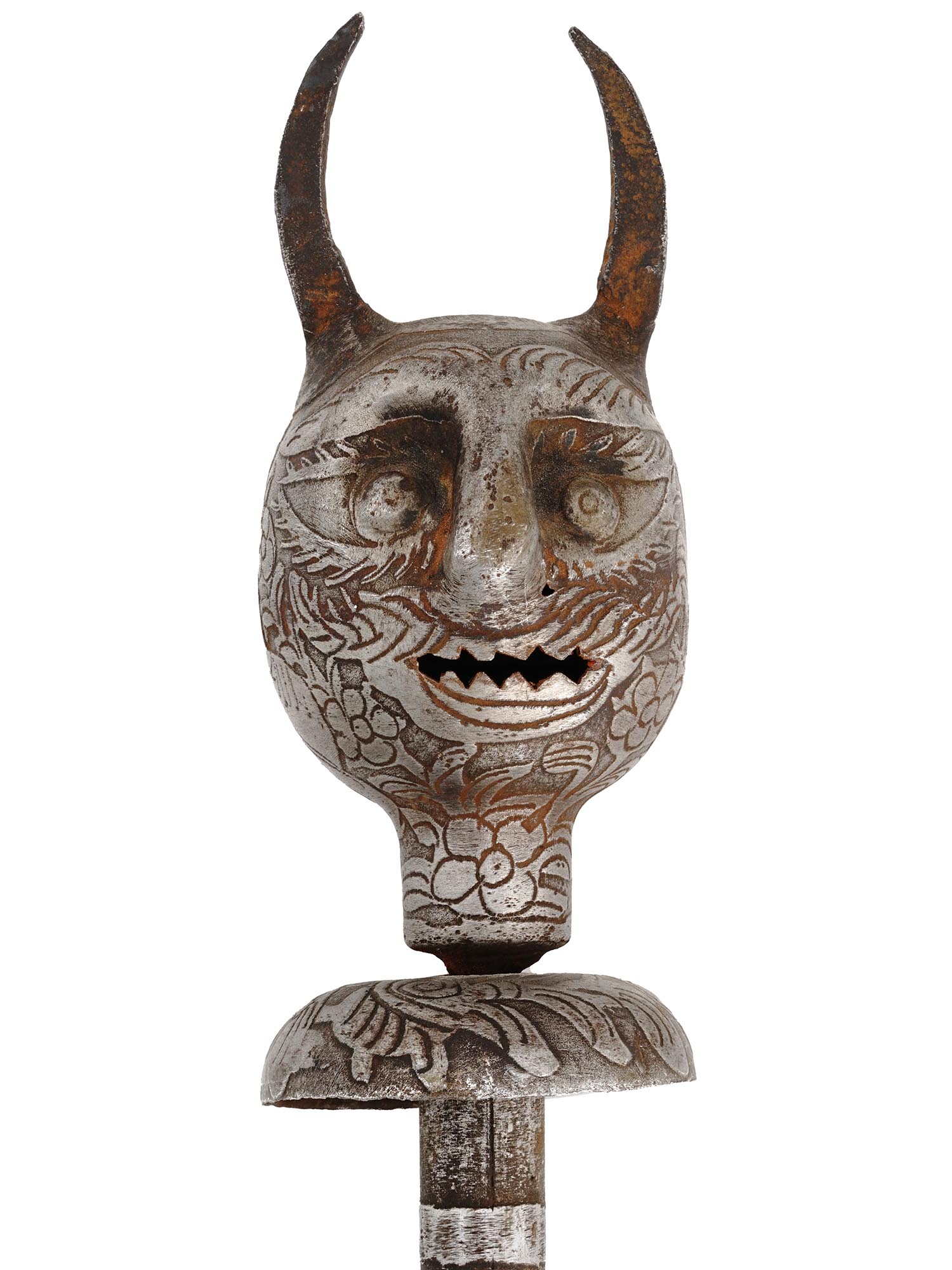 PERSIAN QAJAR HORNED DEMON HEAD CEREMONIAL MACE PIC-2