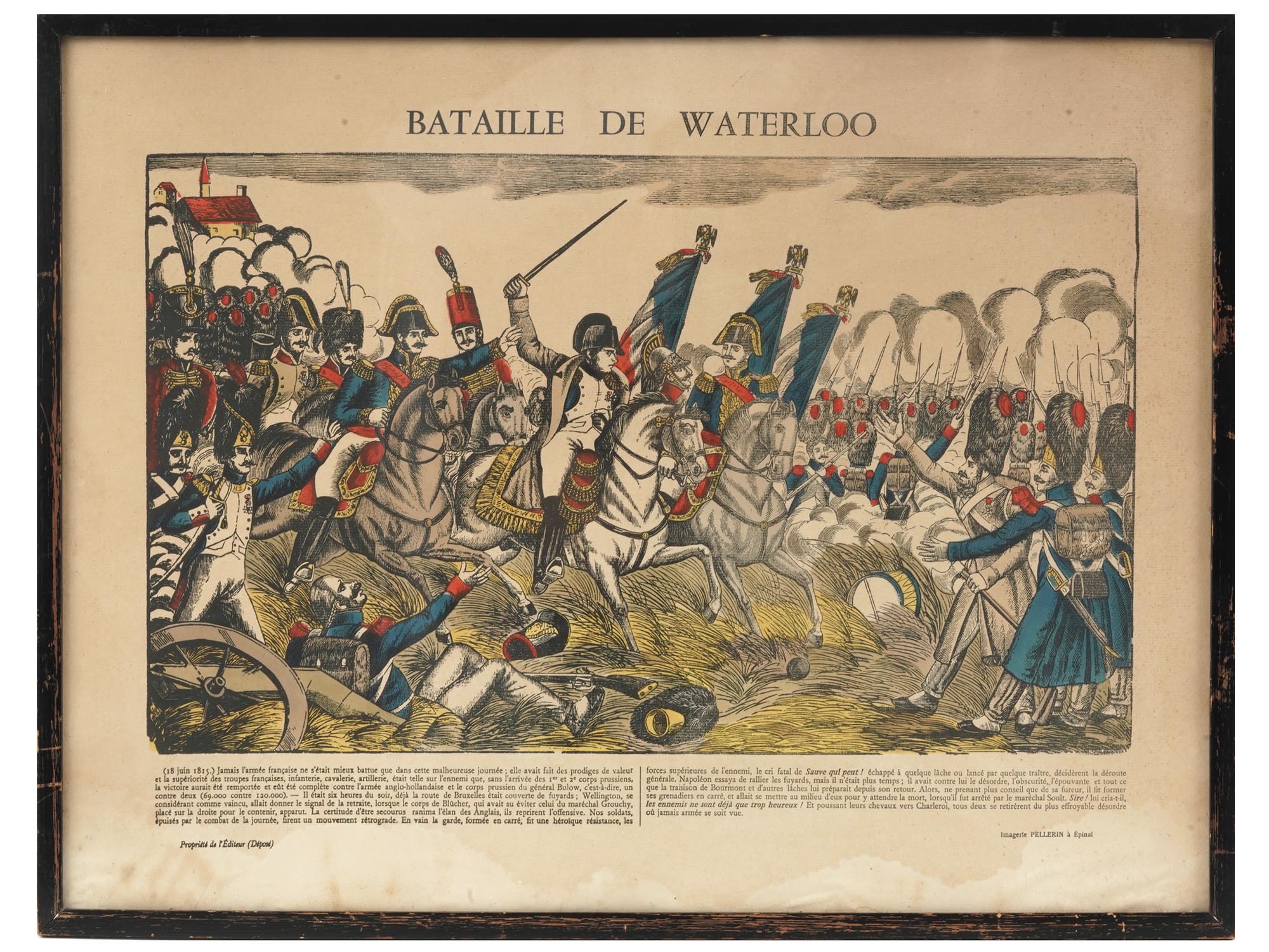 ANTIQUE FRENCH COLOR WOODCUT BATAILLE DE WATERLOO PIC-0