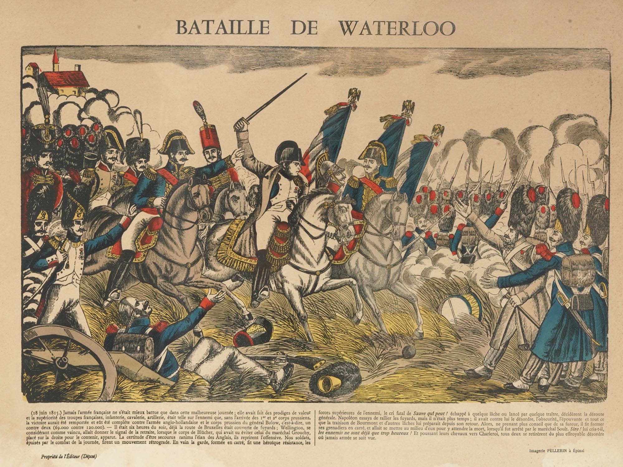 ANTIQUE FRENCH COLOR WOODCUT BATAILLE DE WATERLOO PIC-1