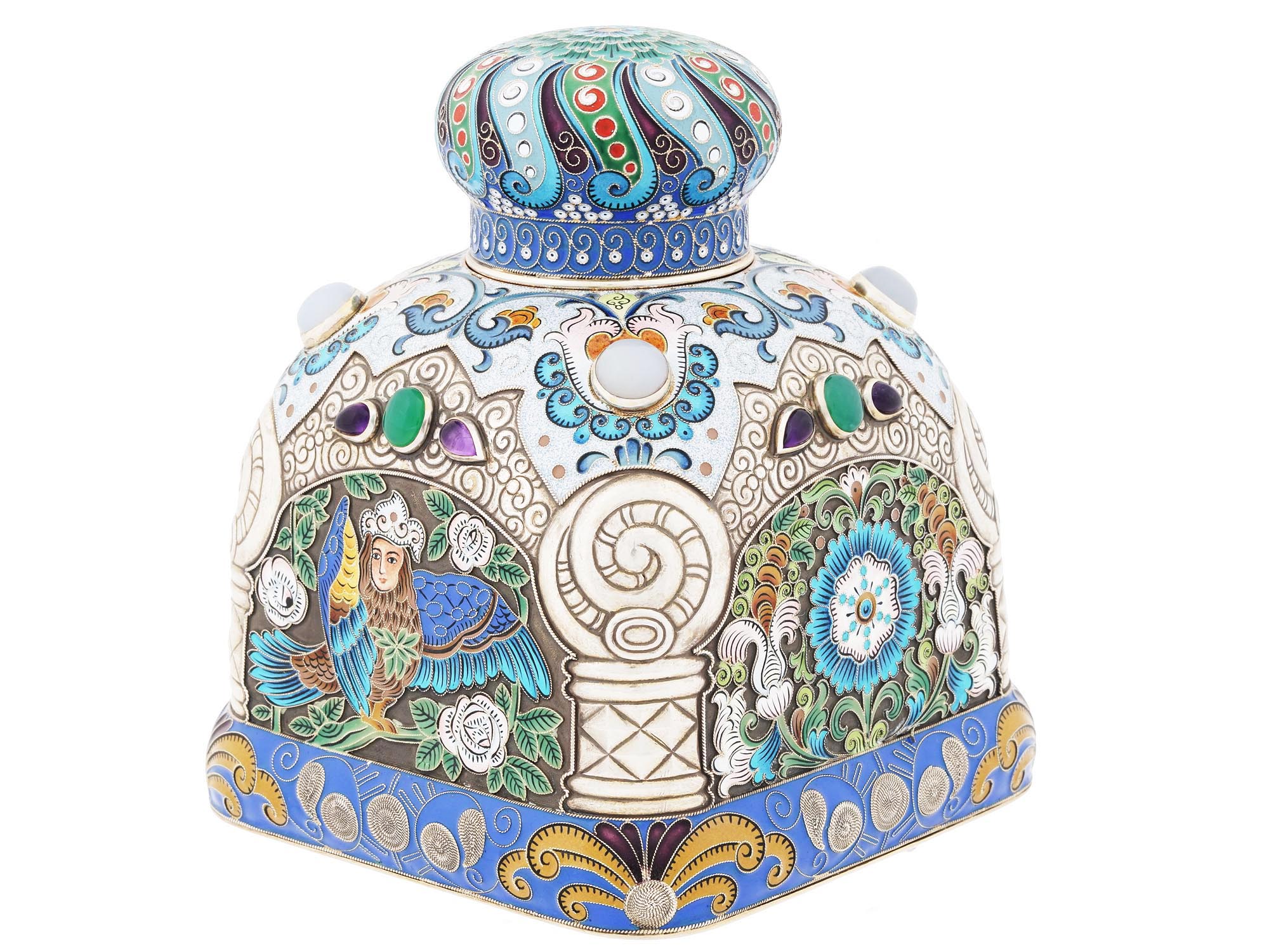 RUSSIAN 88 GILT SILVER CLOISONNE ENAMEL TEA CADDY PIC-0