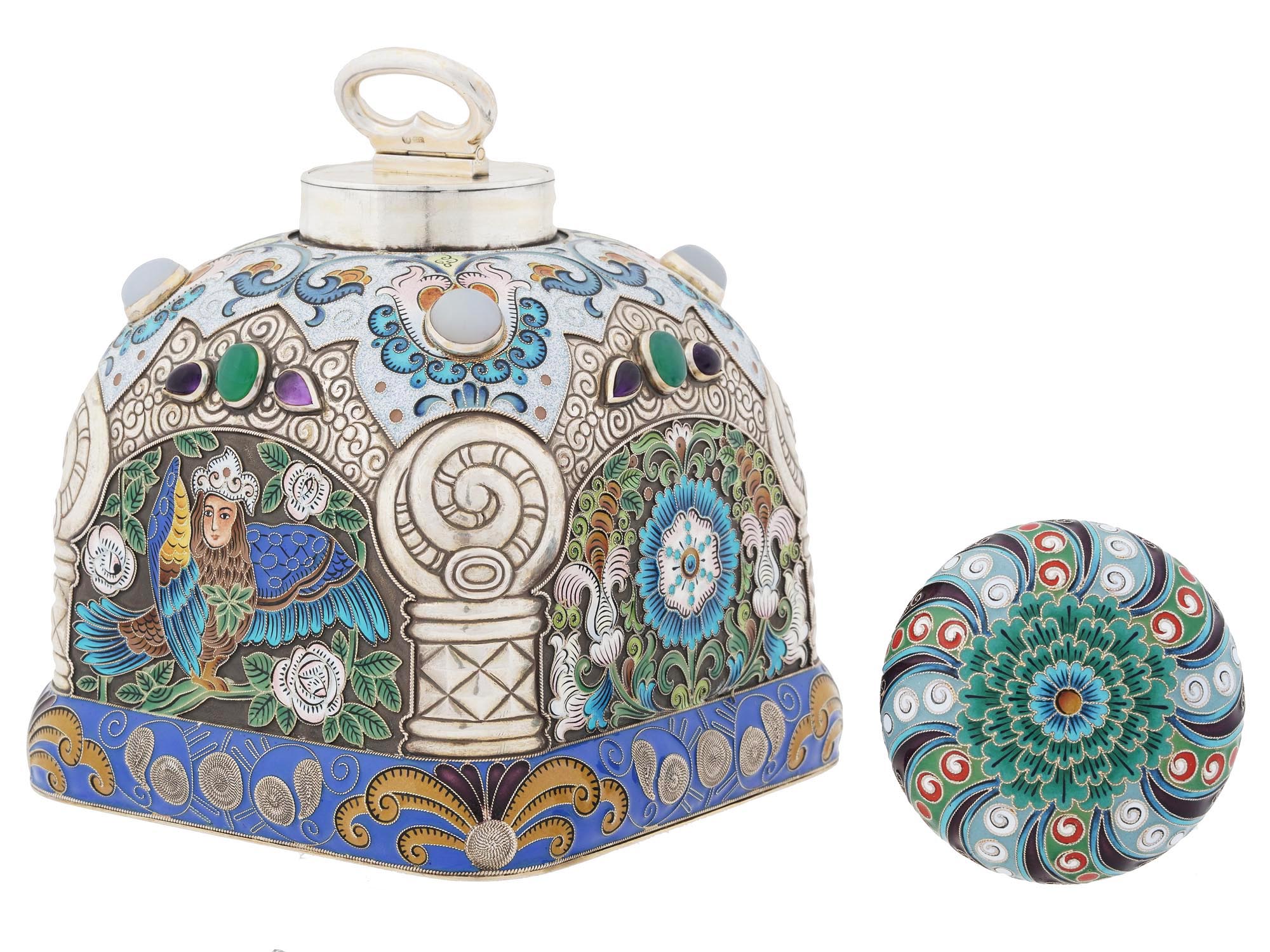 RUSSIAN 88 GILT SILVER CLOISONNE ENAMEL TEA CADDY PIC-1