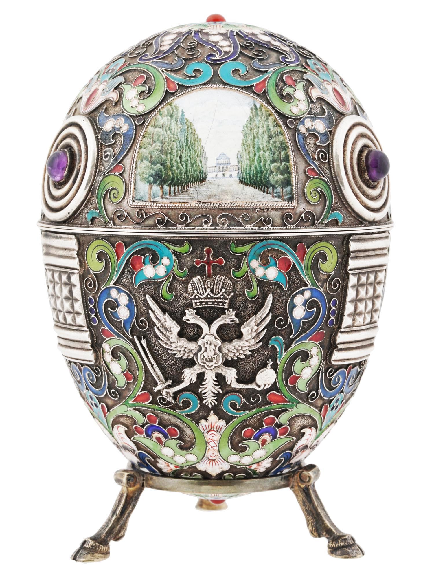 RUSSIAN SILVER ENAMEL EGG W MINIATURES AND STAND PIC-0