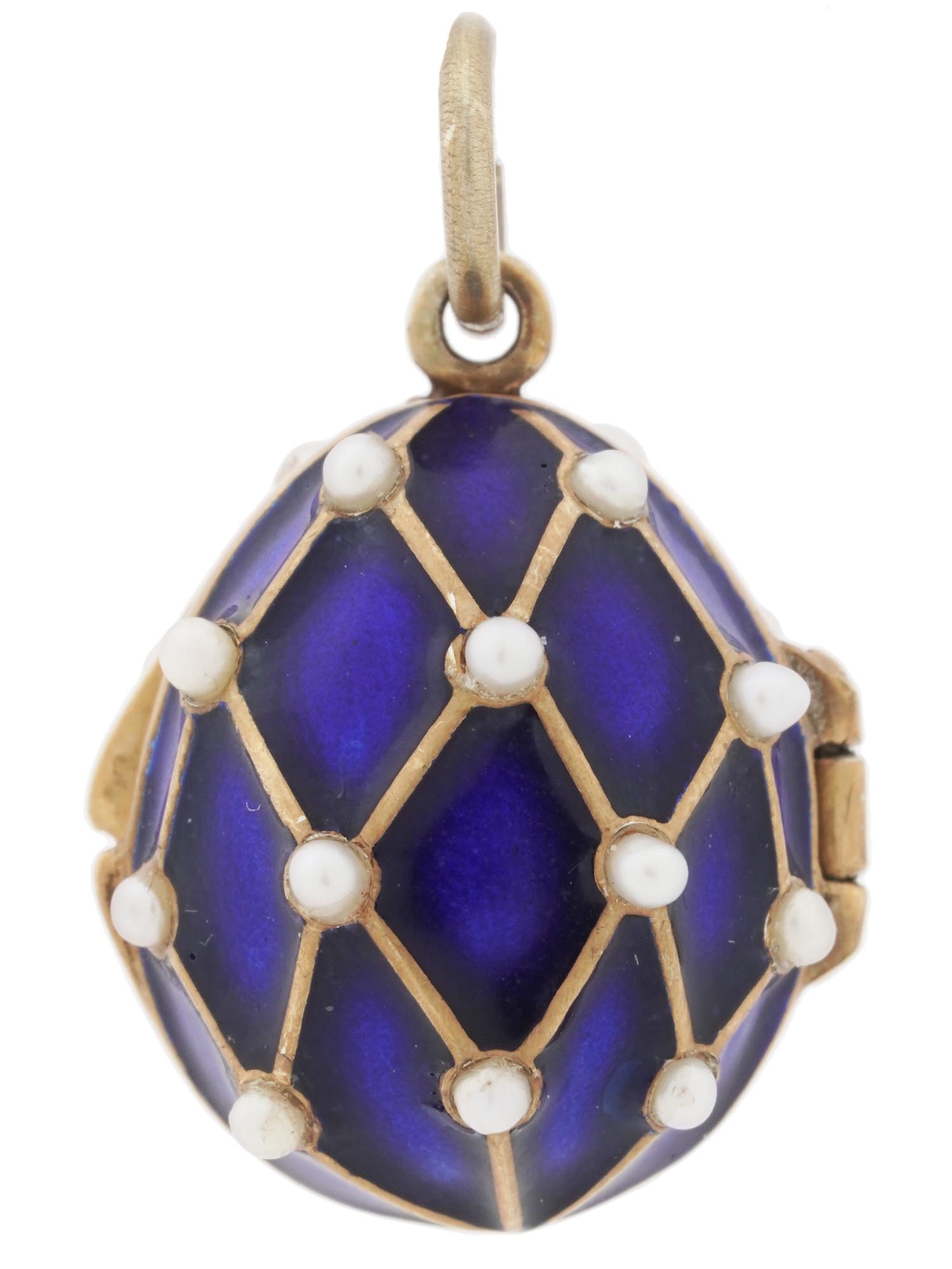 RUSSIAN EGG PENDANT GILT SILVER ENAMEL AND PEARLS PIC-0
