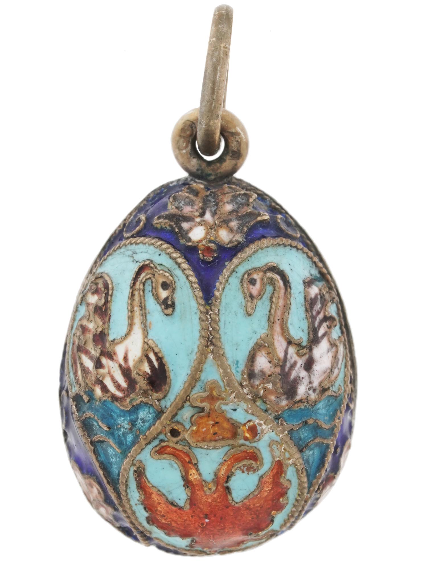 RUSSIAN 84 GILT SILVER AND ENAMEL EGG PENDANT PIC-1