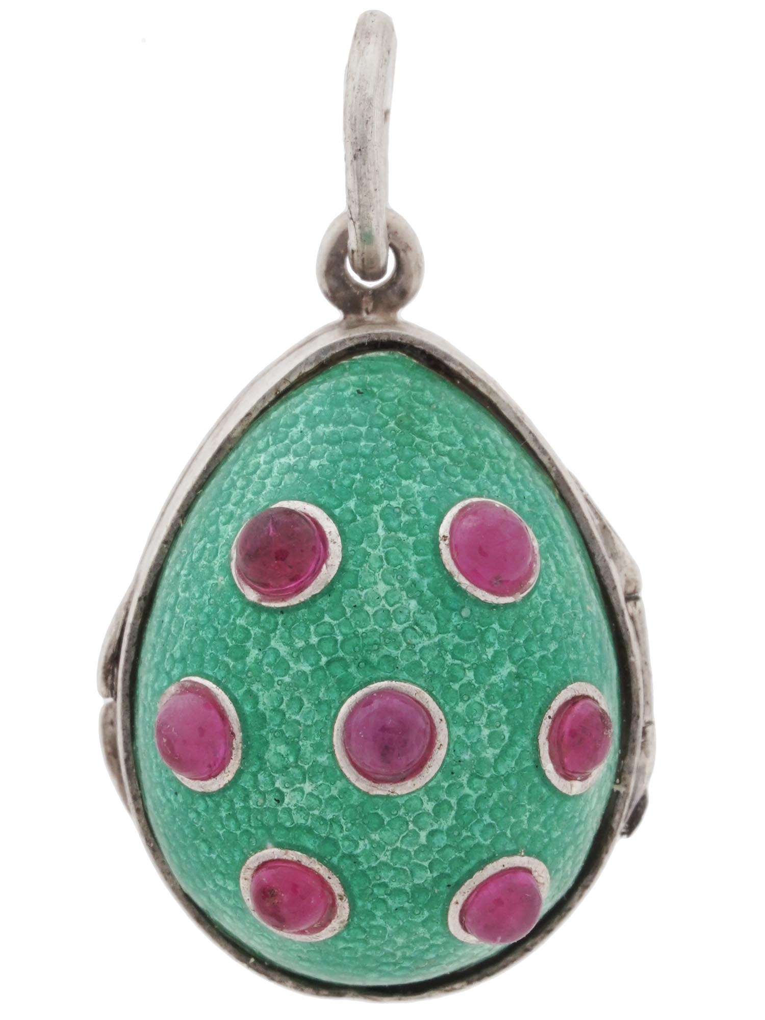 RUSSIAN SILVER ENAMEL AND RUBY EGG LOCKET PENDANT PIC-0
