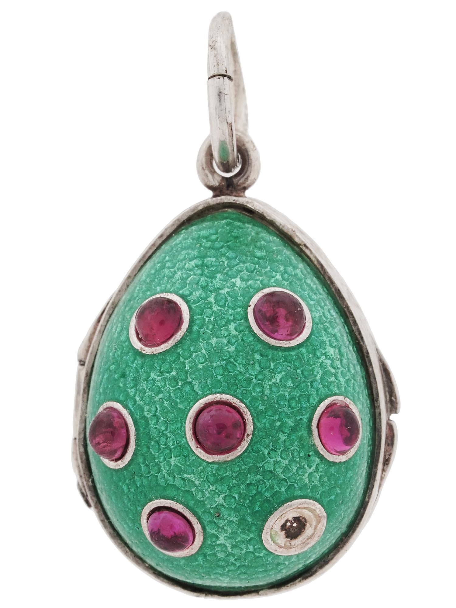 RUSSIAN SILVER ENAMEL AND RUBY EGG LOCKET PENDANT PIC-2