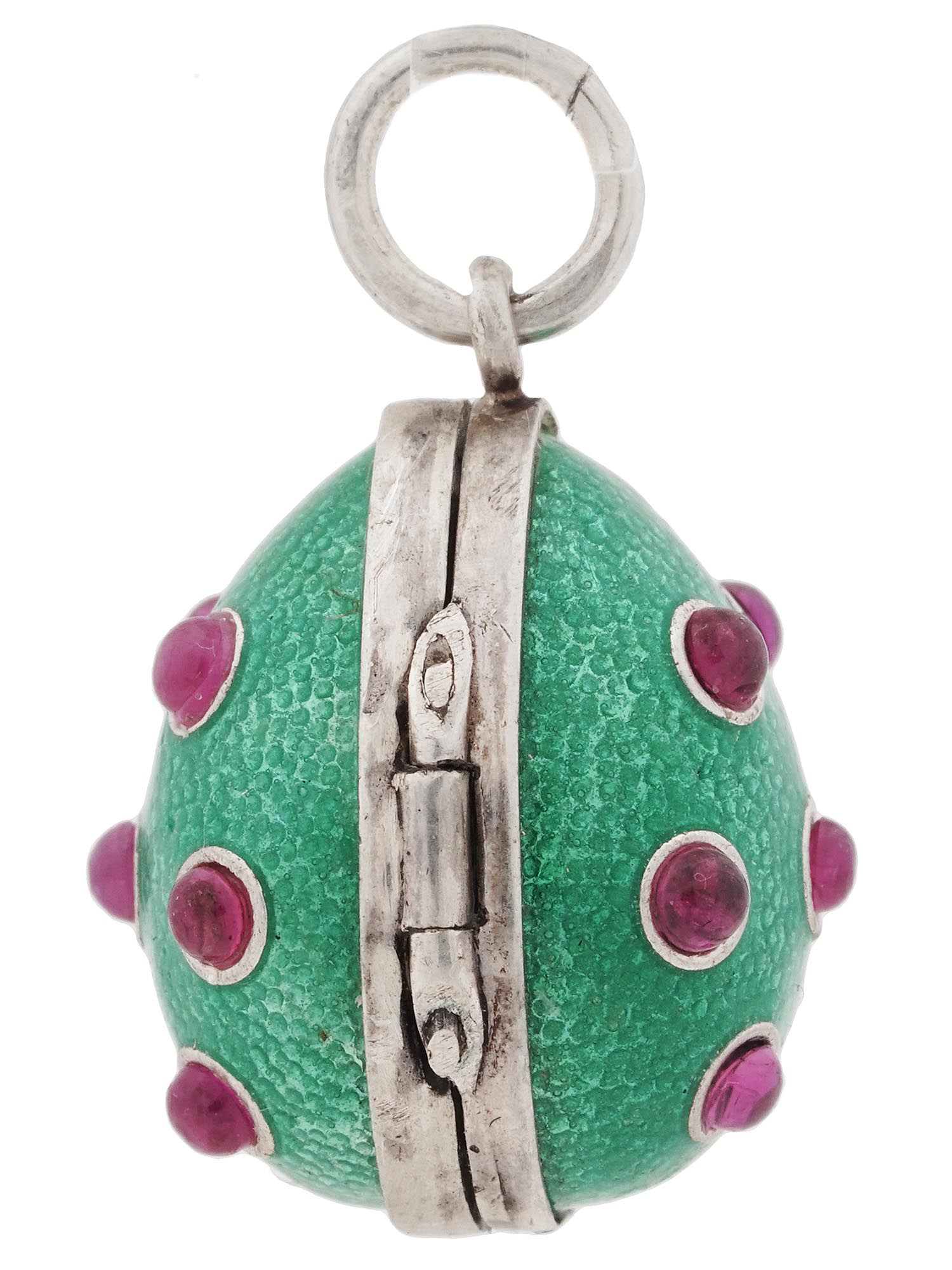 RUSSIAN SILVER ENAMEL AND RUBY EGG LOCKET PENDANT PIC-1