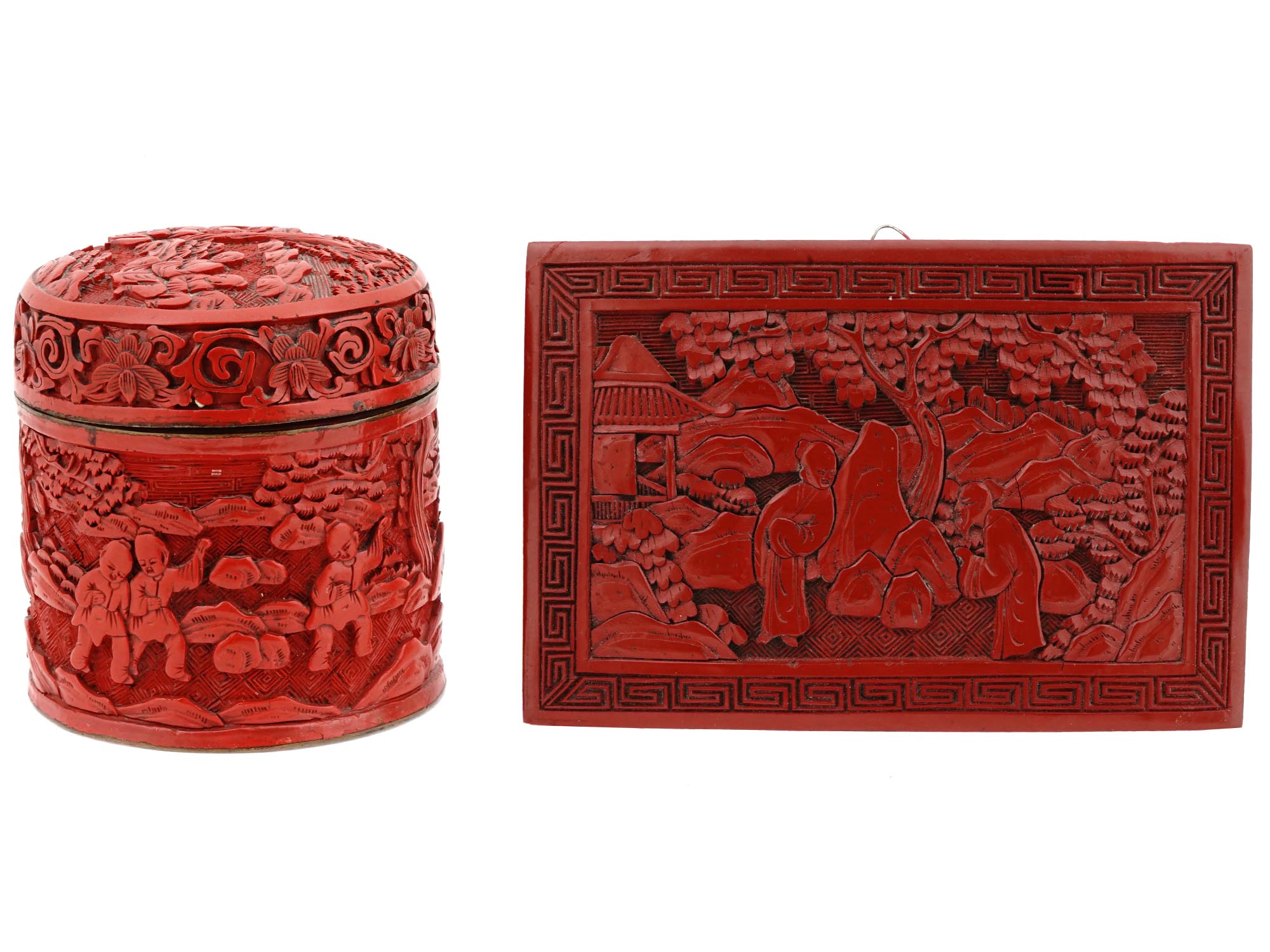 ANTIQUE CHINESE QING RED CINNABAR BOX AND PLAQUE PIC-0