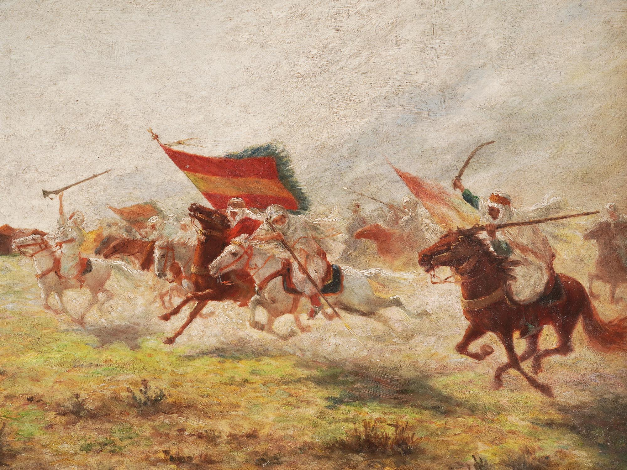 ANTIQUE ORIENTAL OIL PAINTING OF HORSE ATTACK PIC-1