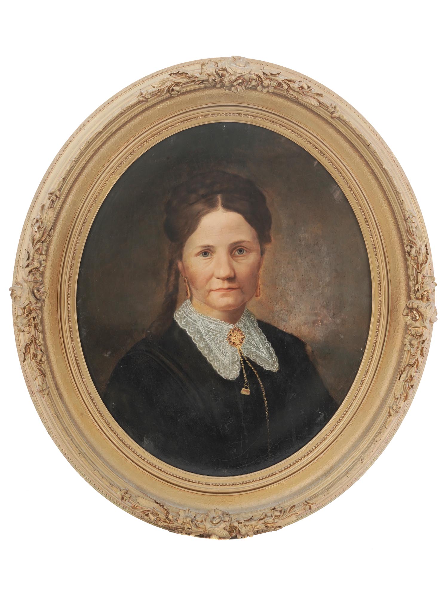 19TH CENTURY OVAL PORTRAIT OF WOMAN OIL PAINTING PIC-0