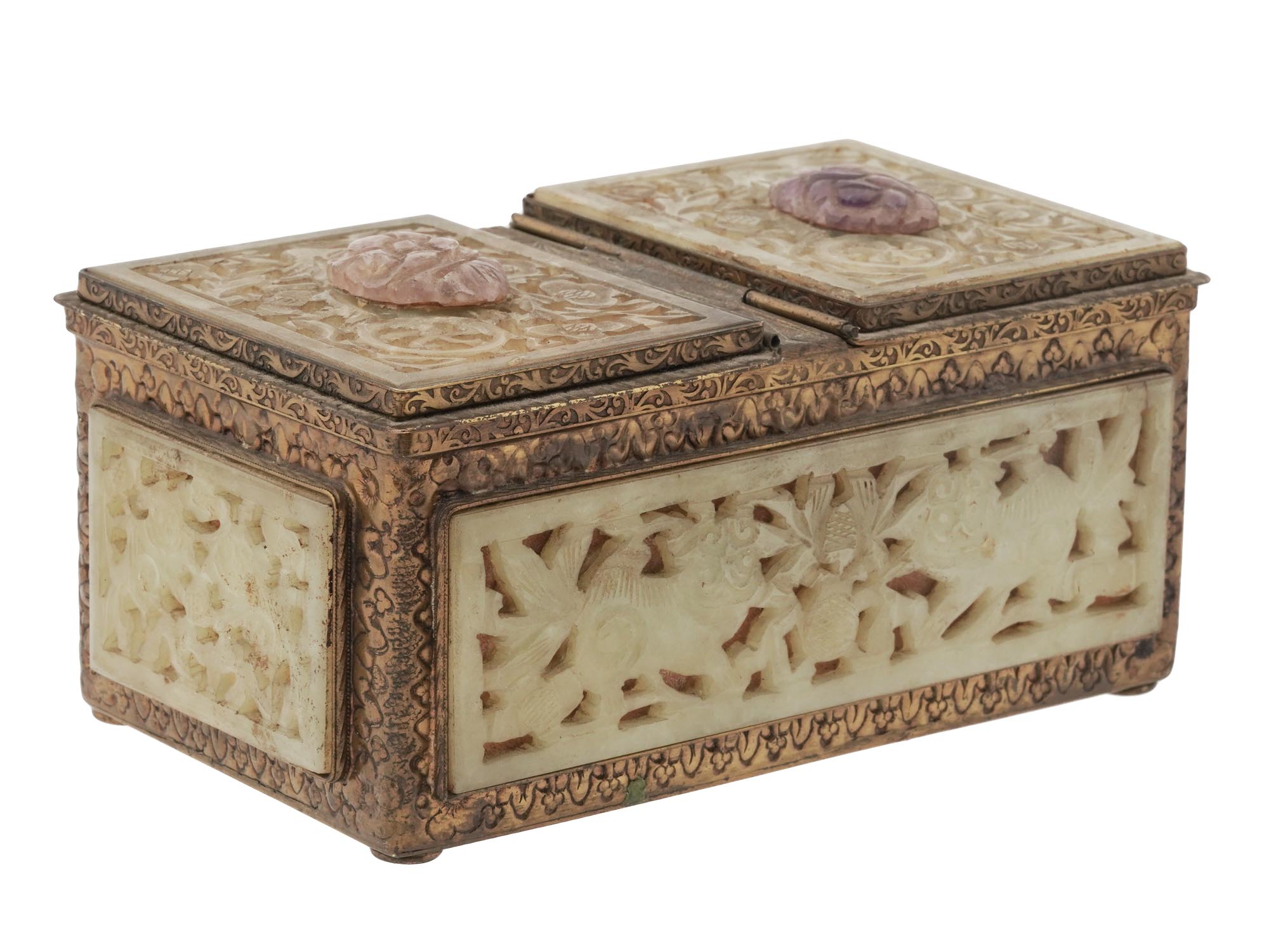 BRASS AND HAND CARVED JADE TRINKET BOX W AMETHYST PIC-0