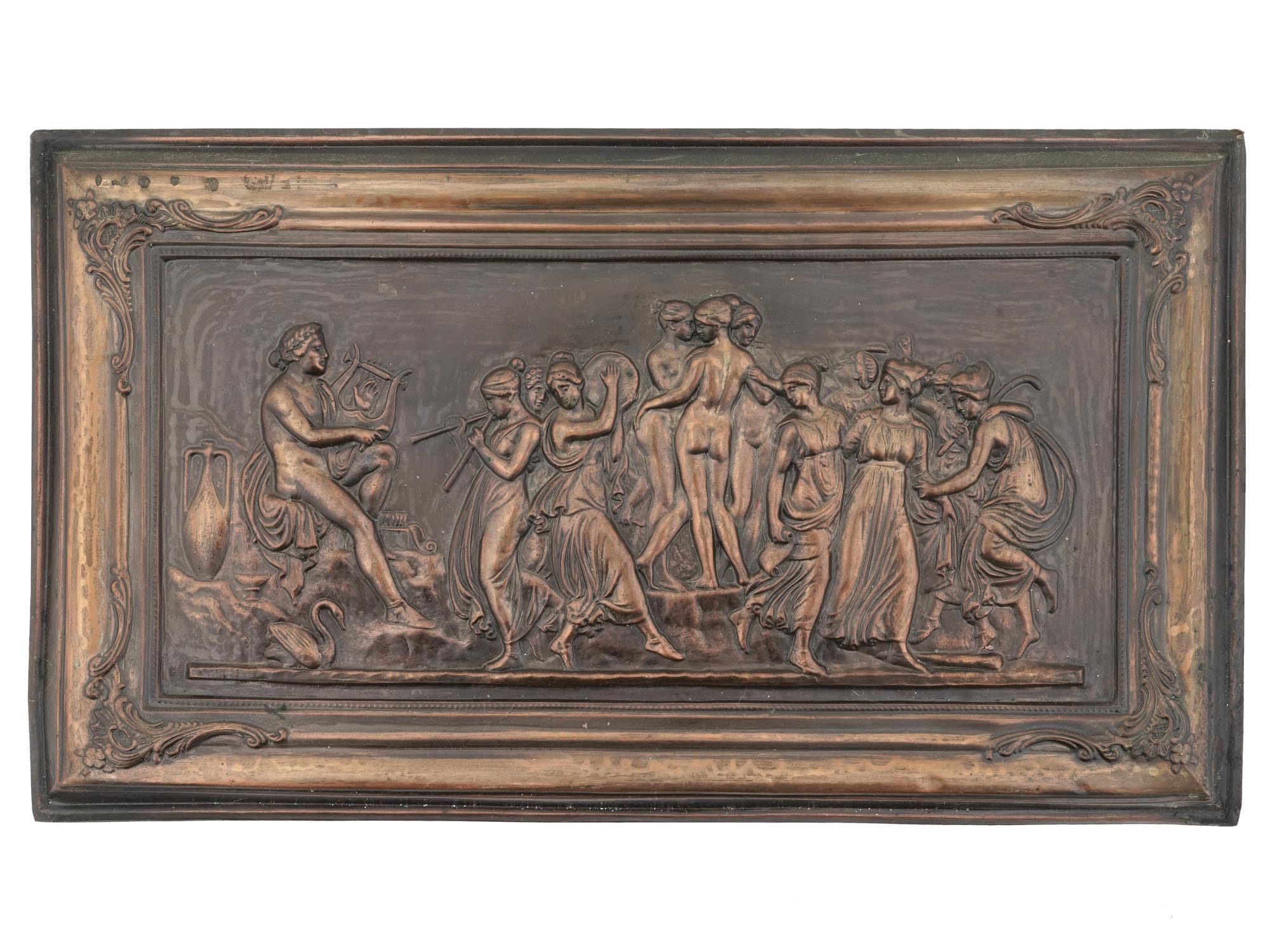 ANTIQUE FRENCH COPPER RELIEF PLAQUE APOLLO MUSES PIC-0