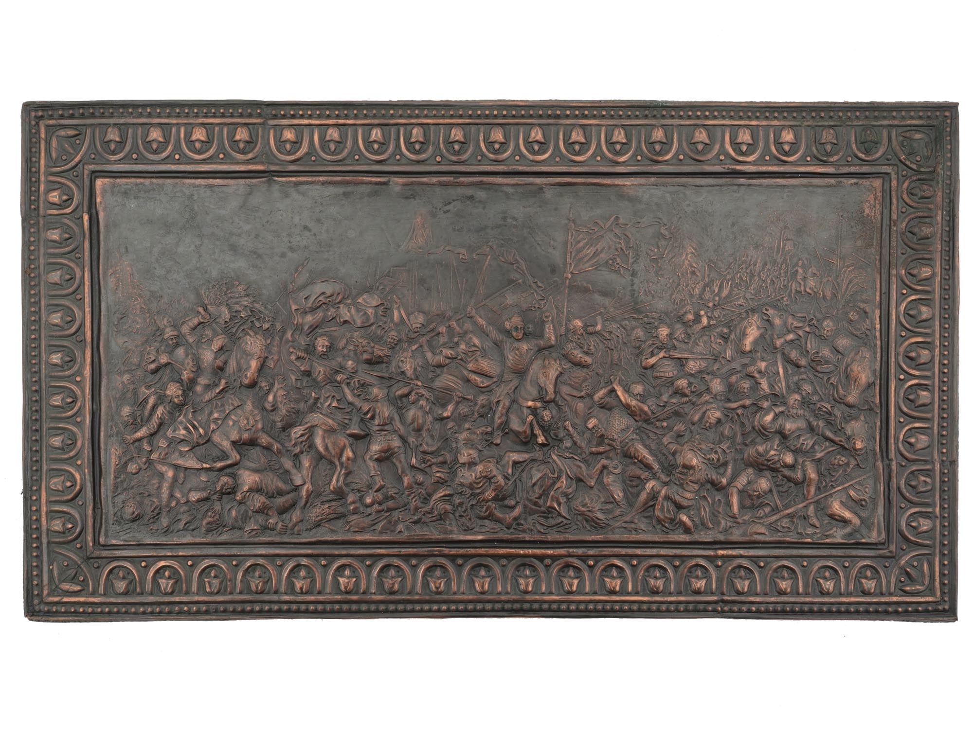 ANTIQUE HAMMERED COPPER BAS RELIEF BATTLE PLAQUE PIC-0