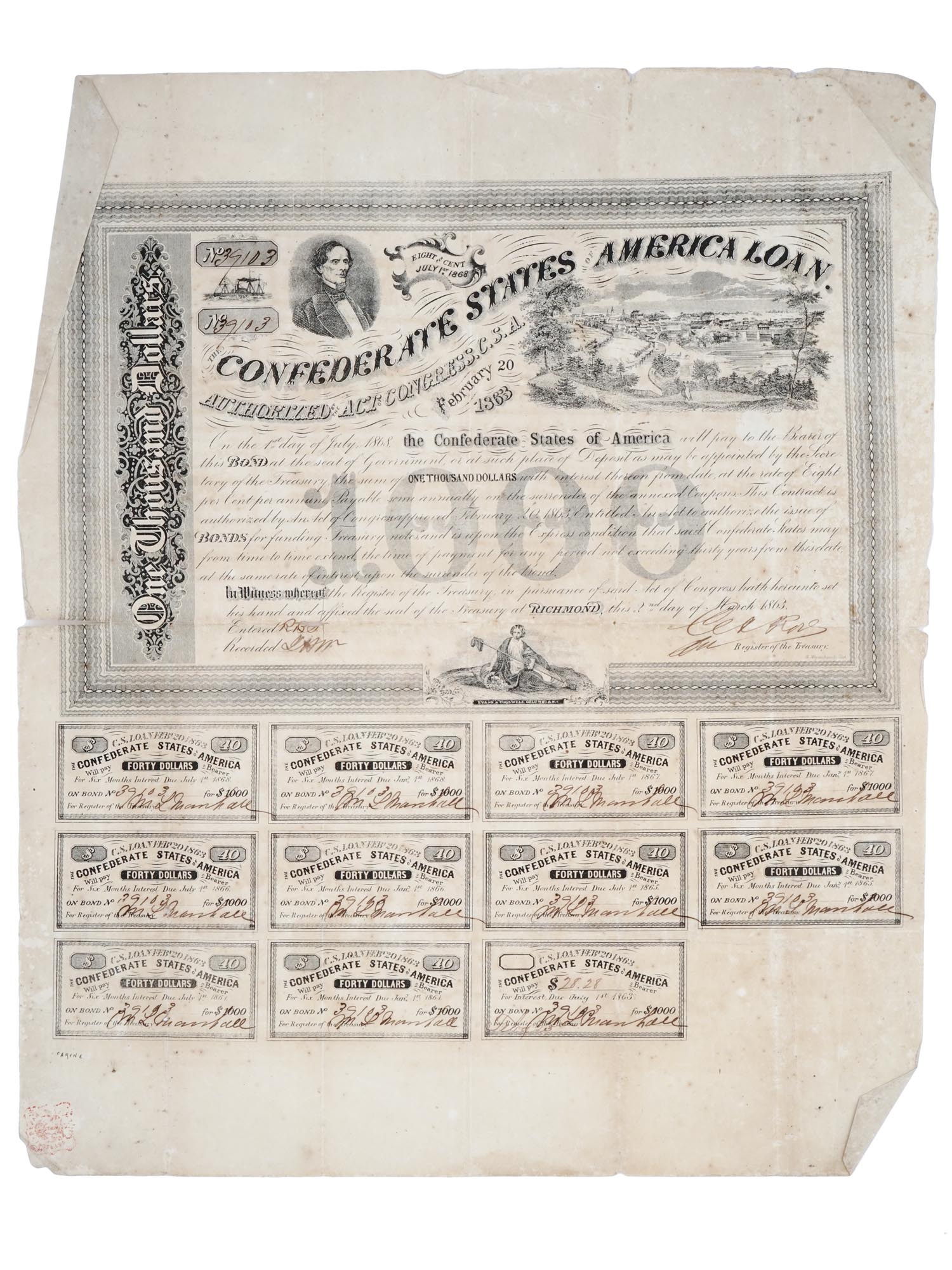 CIVIL WAR ERA CONFEDERATE STATES LOAN BOND SHEET PIC-0