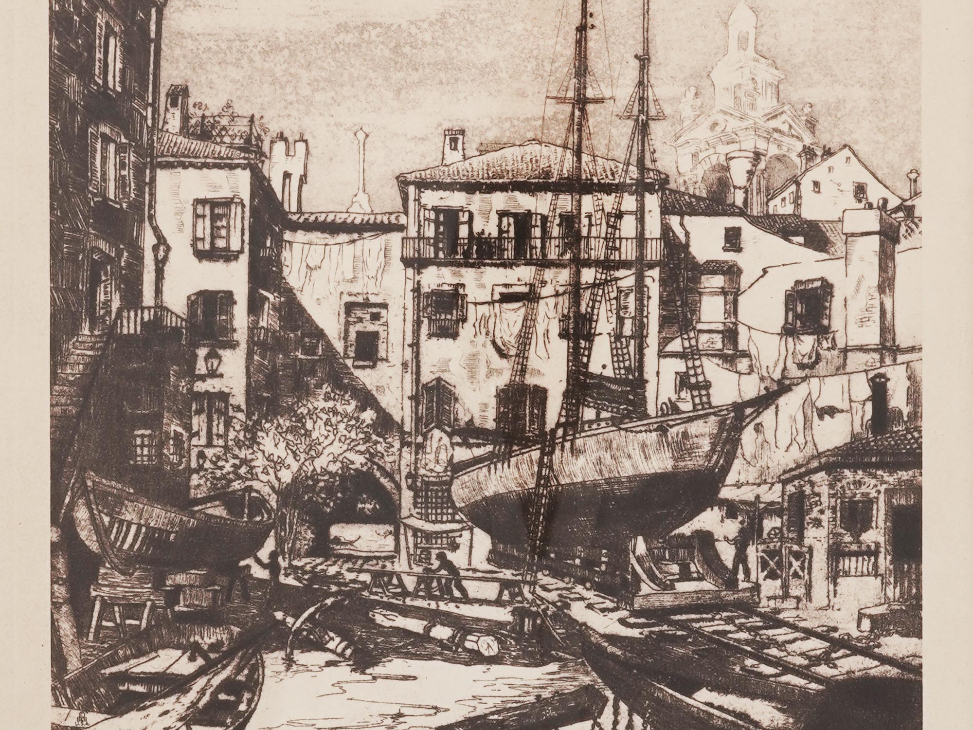 VENETIAN LANDSCAPE ETCHING BY LIONEL BARRYMORE PIC-1