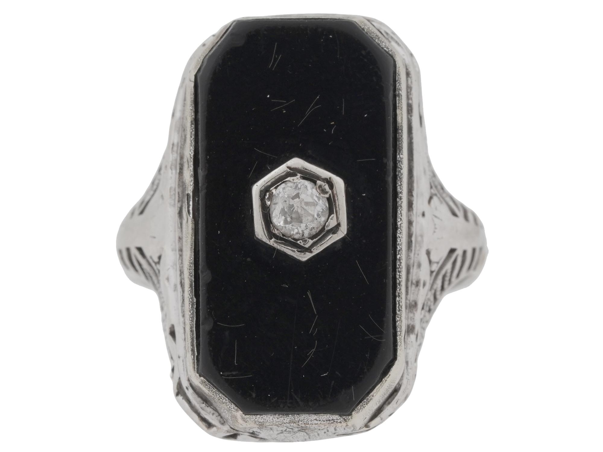 14K WHITE GOLD BLACK AGATE DIAMOND JEWELRY RING PIC-1